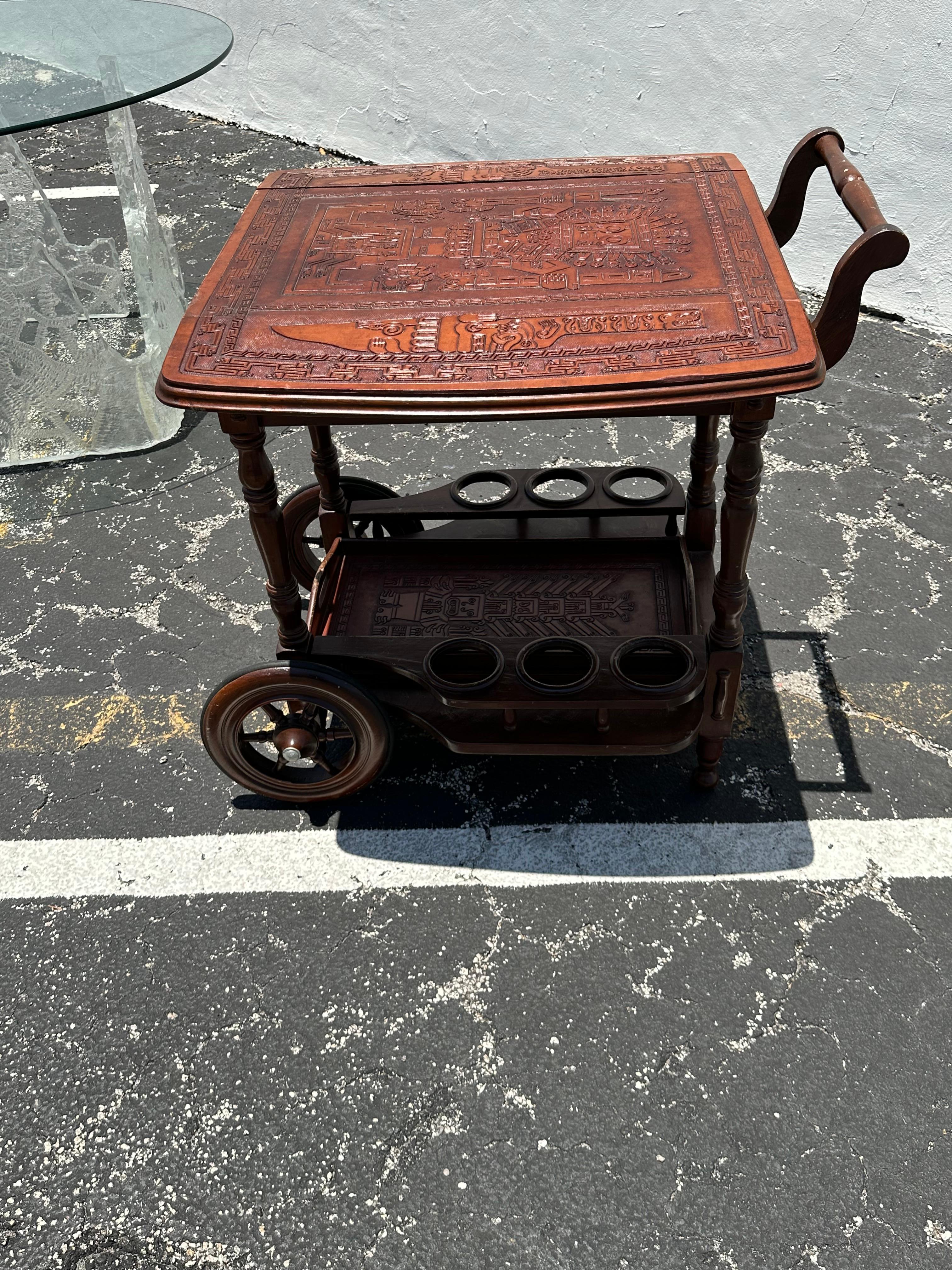 1960s Carved Wood Leather Embossed Bar Cart Table For Sale 3