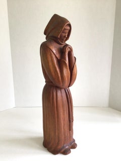 1960s Carved Wood Sculpture of Monk or Friar Wearing Robe