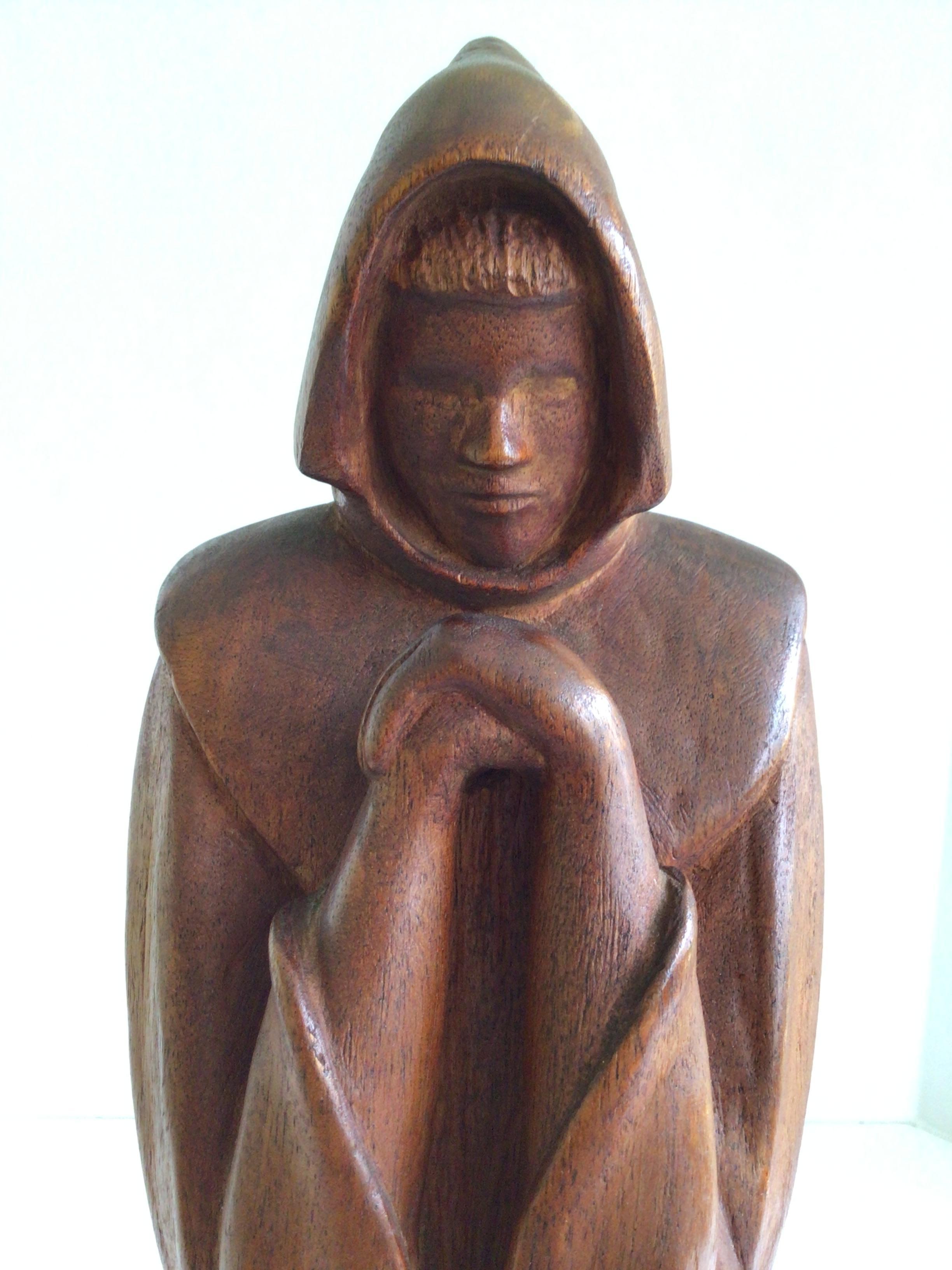 1960s Carved Wood Sculpture of Monk or Friar Wearing Robe In Good Condition For Sale In Tarrytown, NY