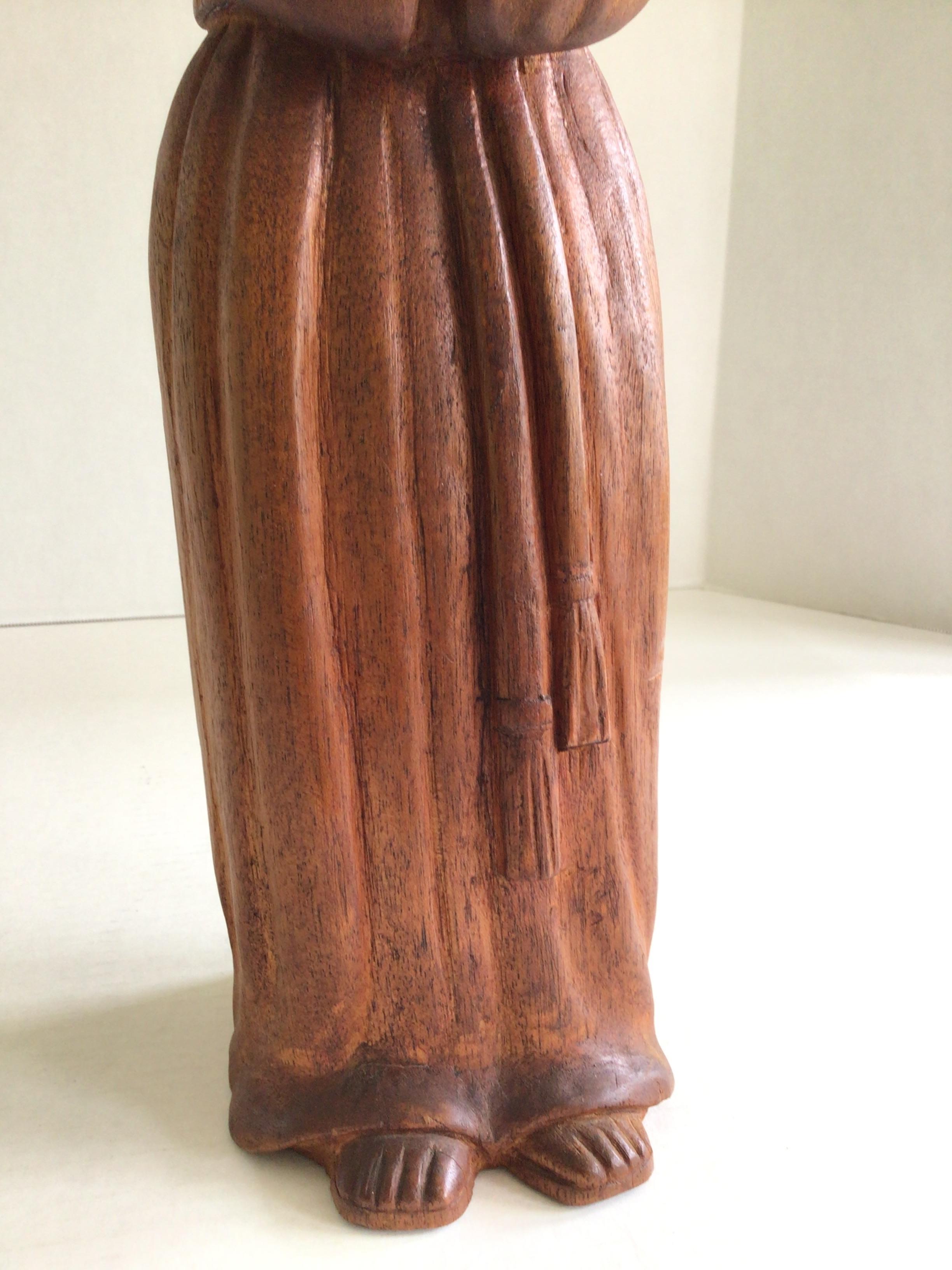 Mid-20th Century 1960s Carved Wood Sculpture of Monk or Friar Wearing Robe For Sale