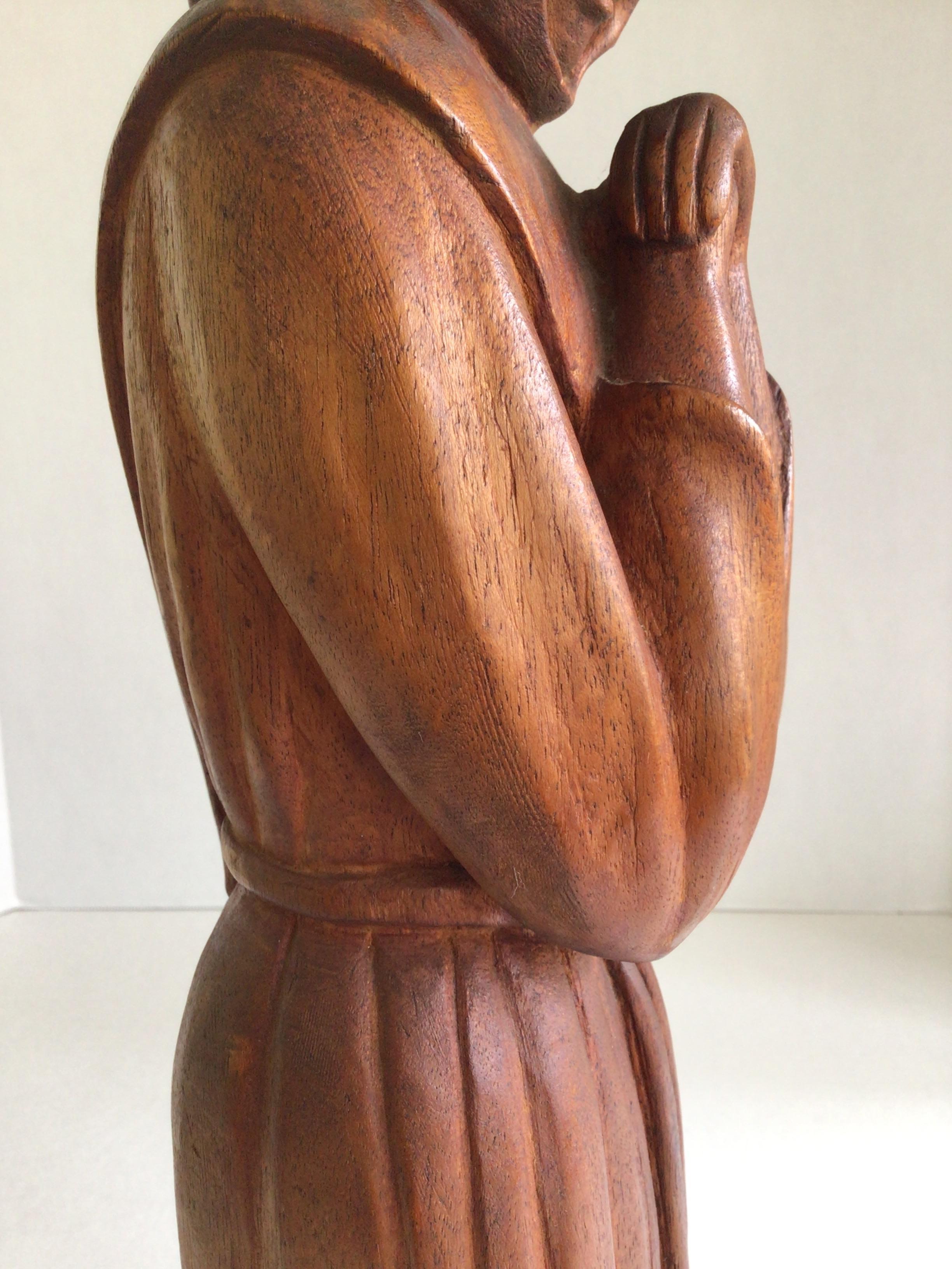 1960s Carved Wood Sculpture of Monk or Friar Wearing Robe For Sale 2