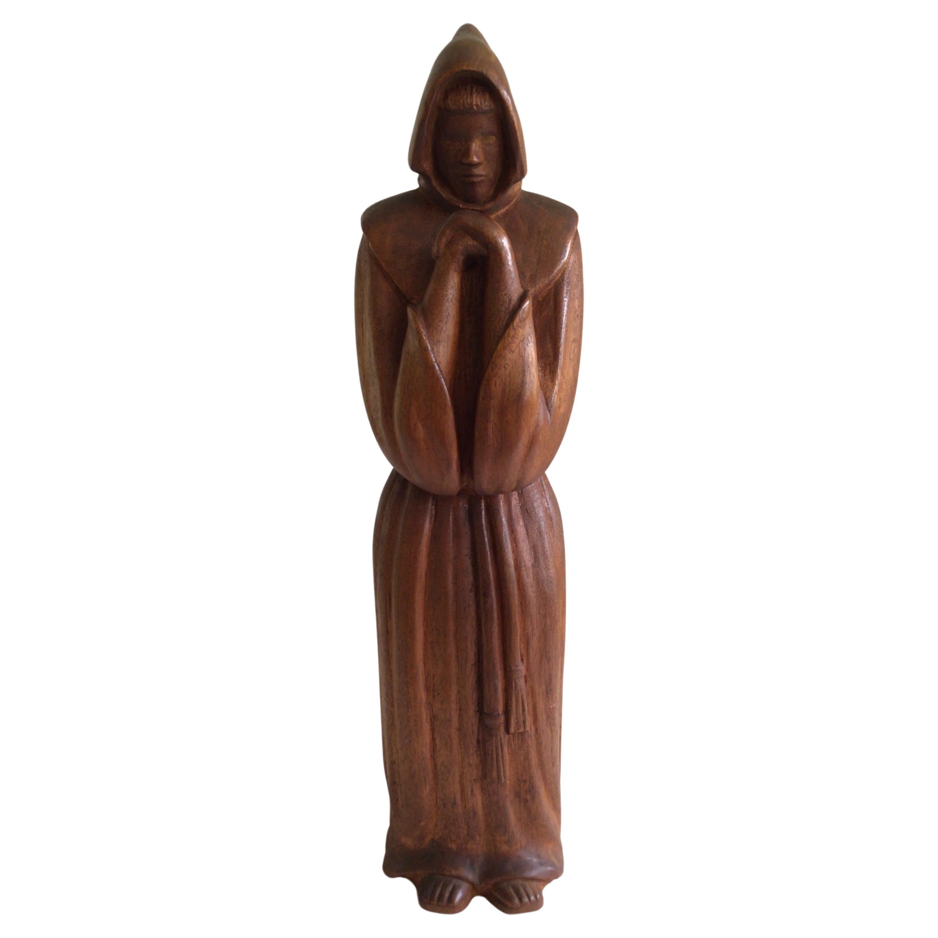 1960s Carved Wood Sculpture of Monk or Friar Wearing Robe