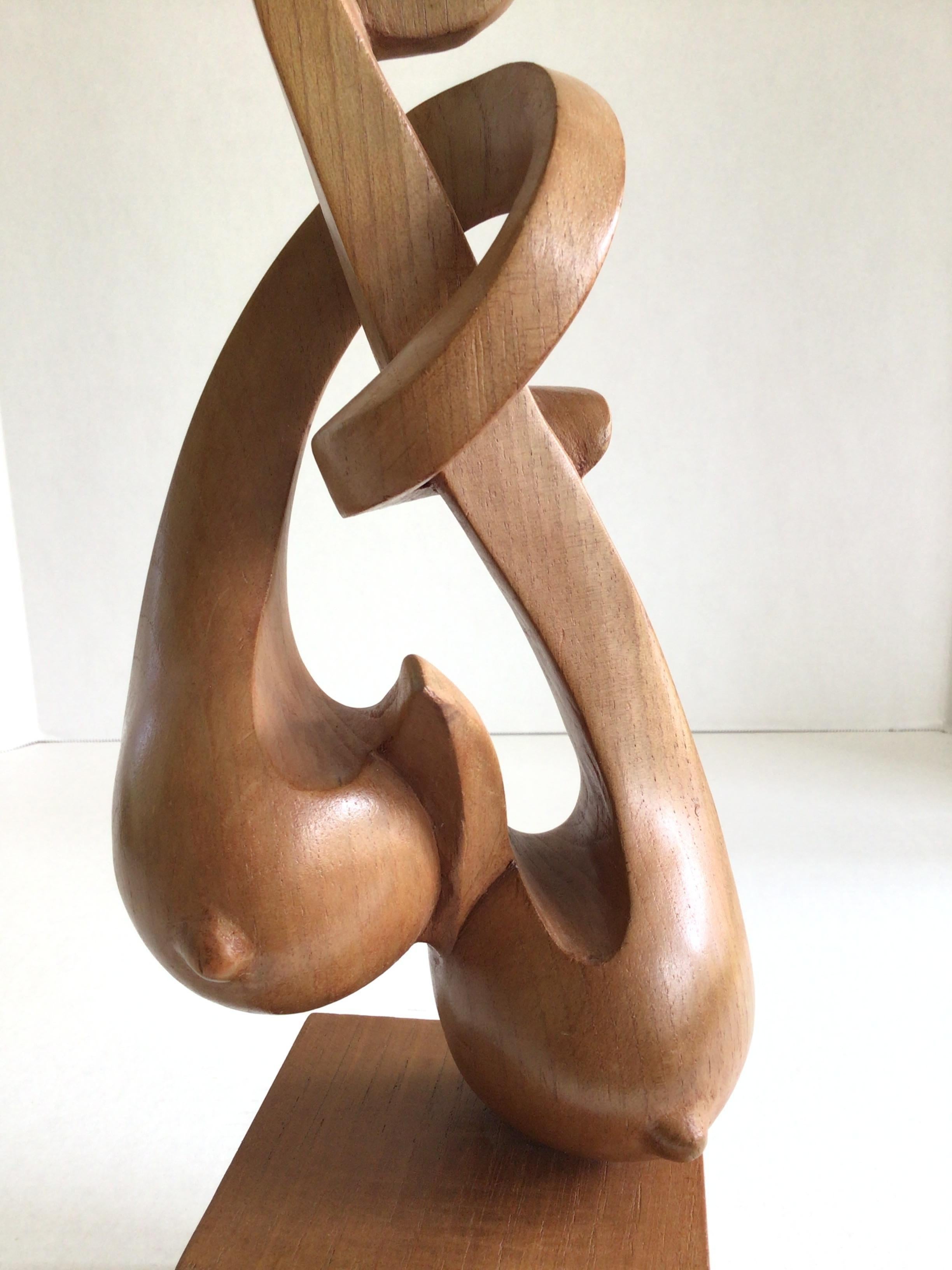 Mid-20th Century 1960s Carved Wood Sculpture of Woman Figure Mounted on Wood Pedestal For Sale