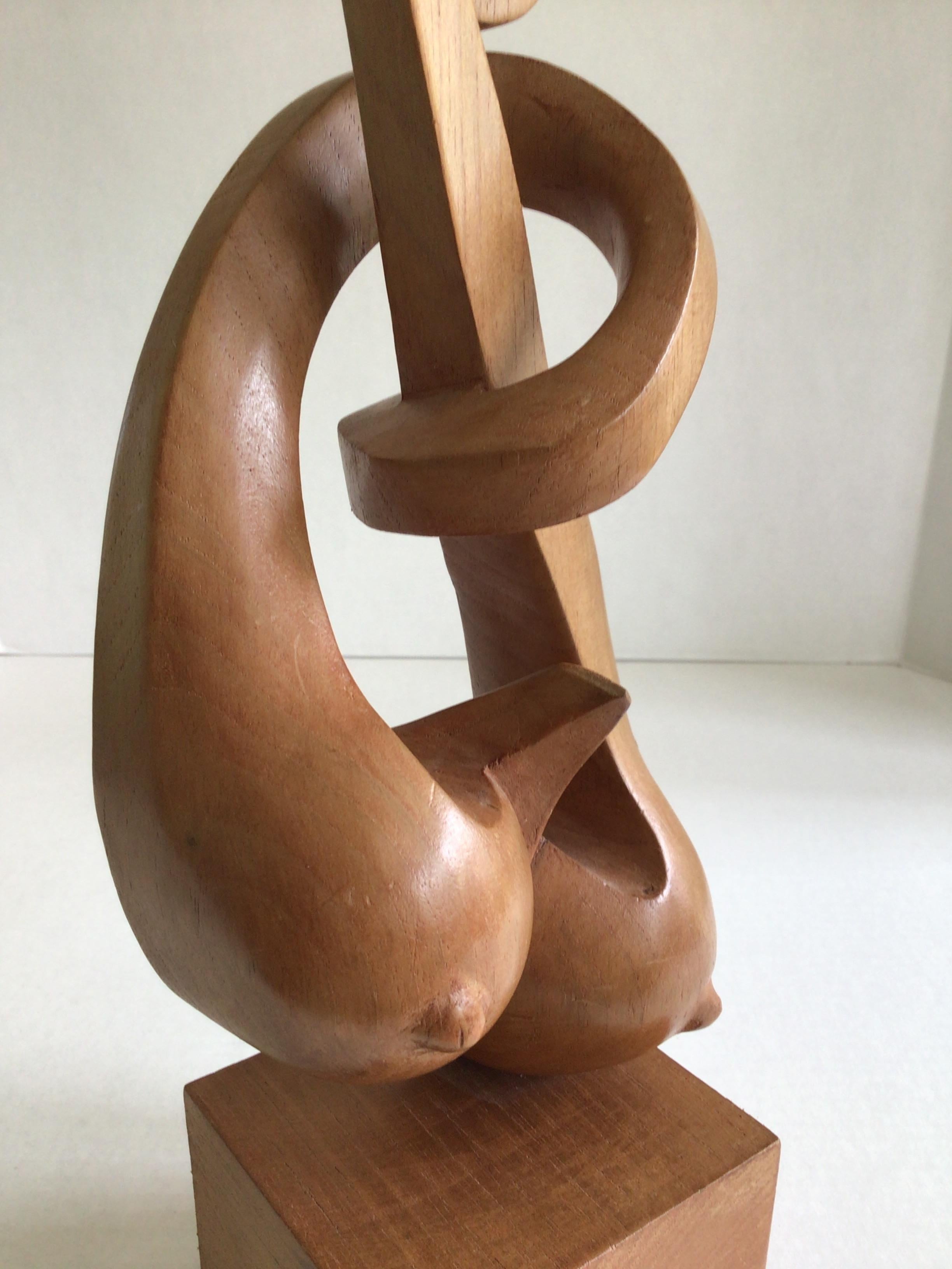 1960s Carved Wood Sculpture of Woman Figure Mounted on Wood Pedestal For Sale 1