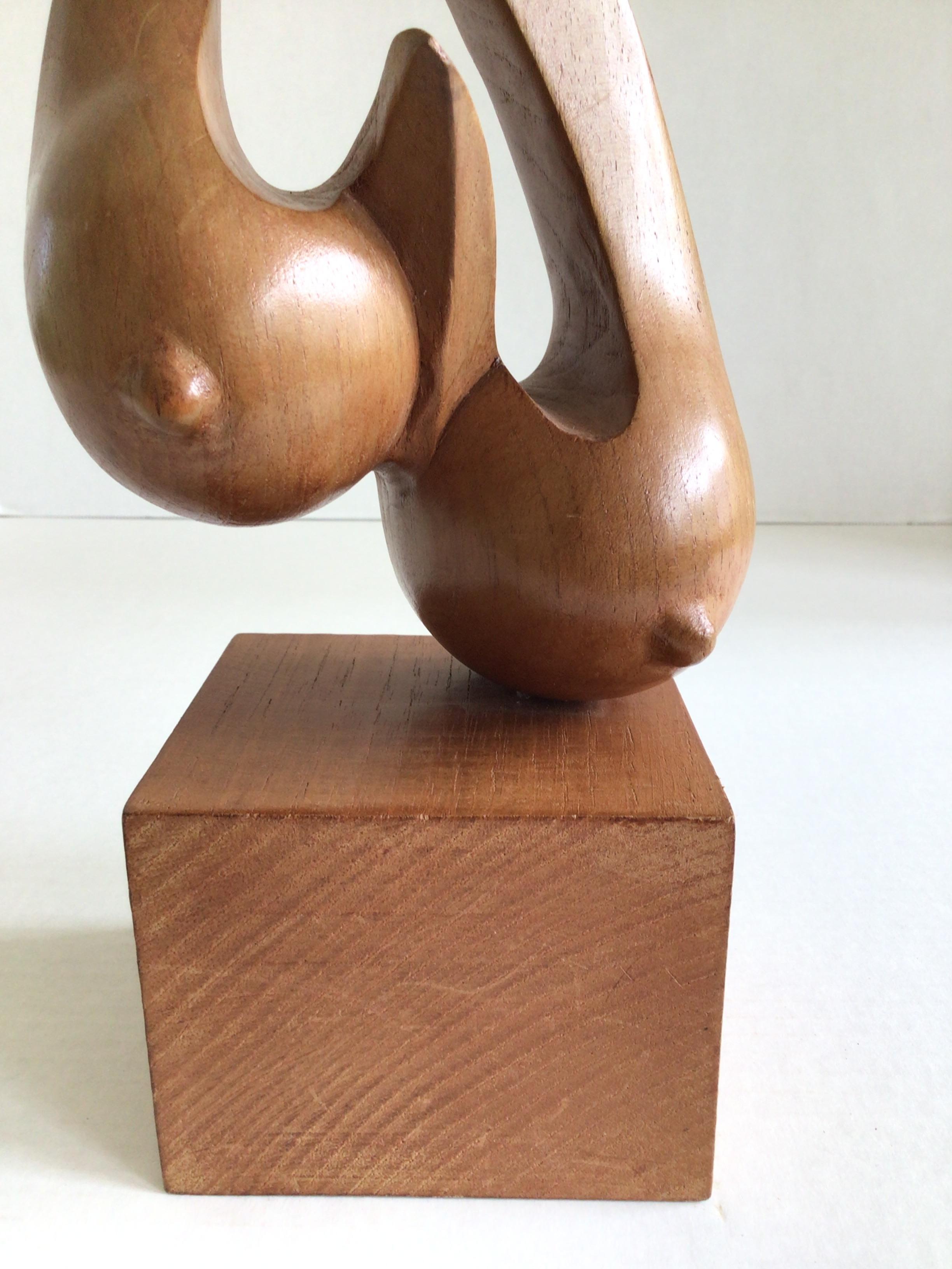 1960s Carved Wood Sculpture of Woman Figure Mounted on Wood Pedestal For Sale 2
