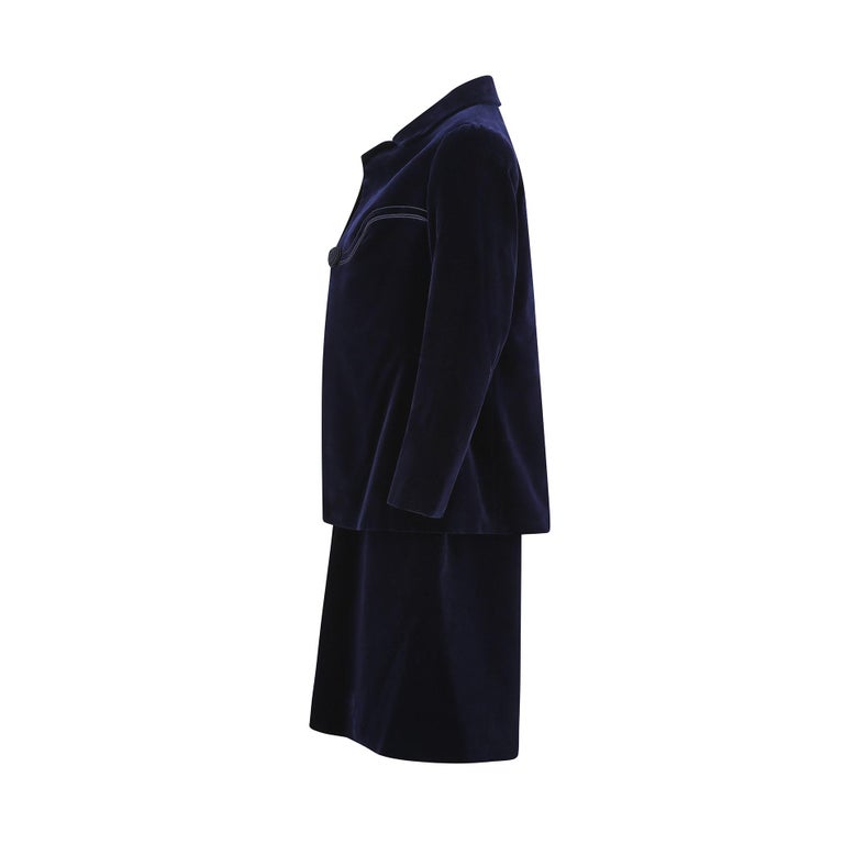 1960s Carven Haute Couture Navy Velvet Soutache Dress Suit In Excellent Condition For Sale In London, GB