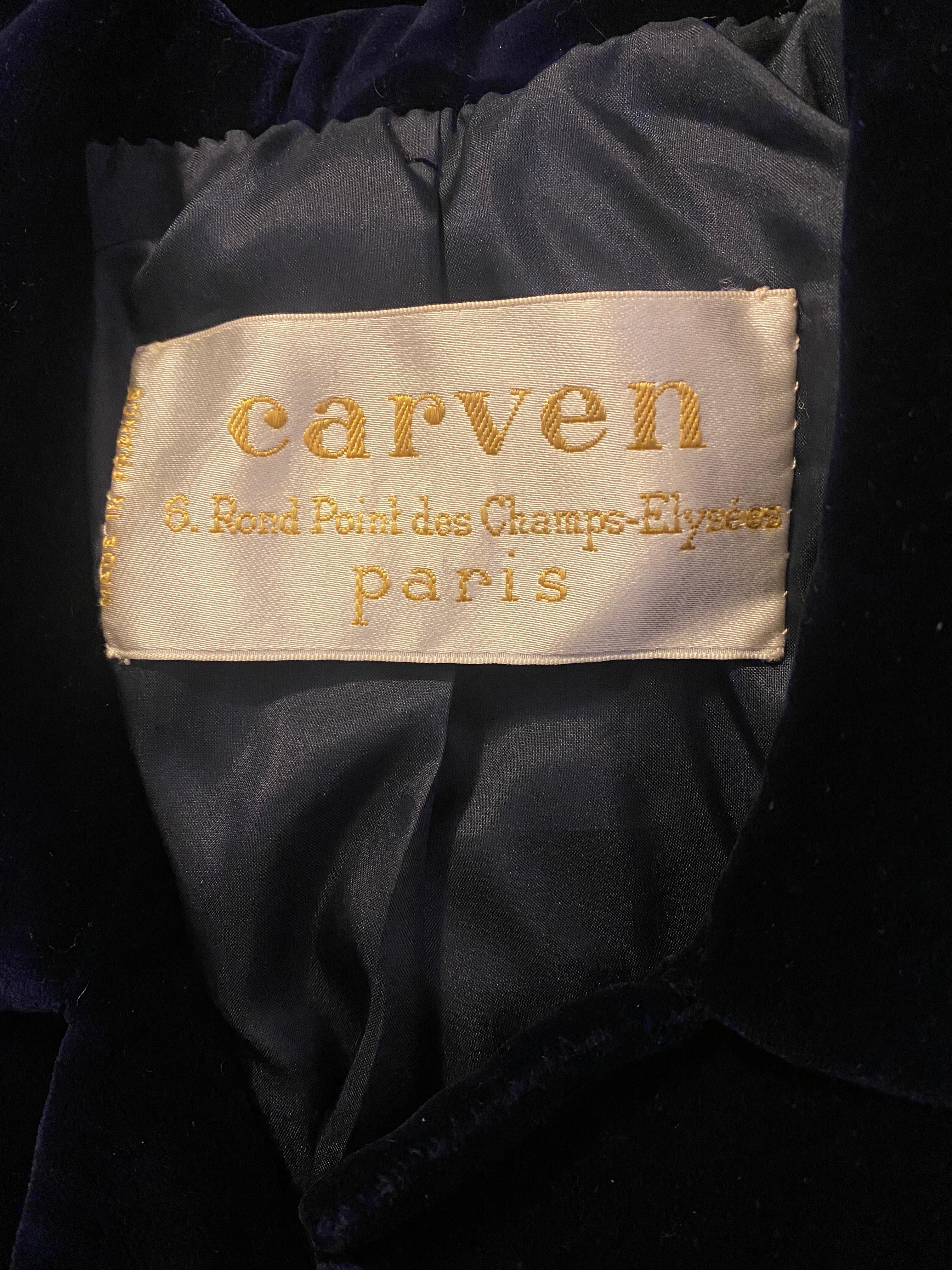 1960s Carven Haute Couture Costume habillé en velours Soutache marine en vente 2