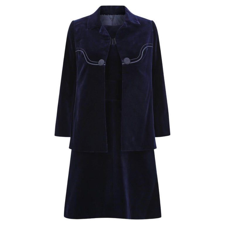 1960s Carven Haute Couture Navy Velvet Soutache Dress Suit For Sale