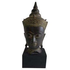 1960s Cast Bronze Crowned Tibetan Buddha Head on Painted Wood Base