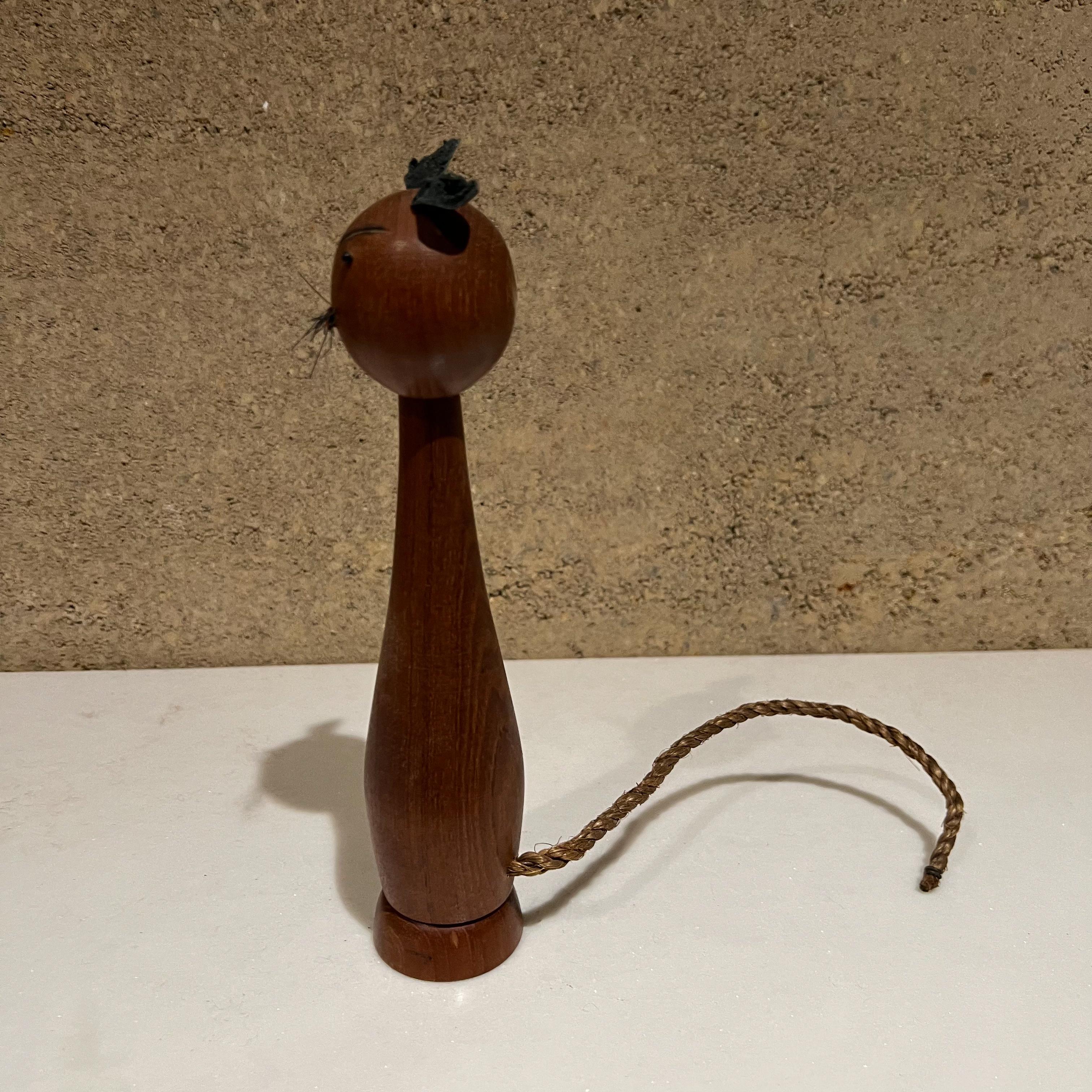 1960s Cat Bottle Opener in Teakwood with Leather Ears Barware from Denmark In Good Condition In Chula Vista, CA