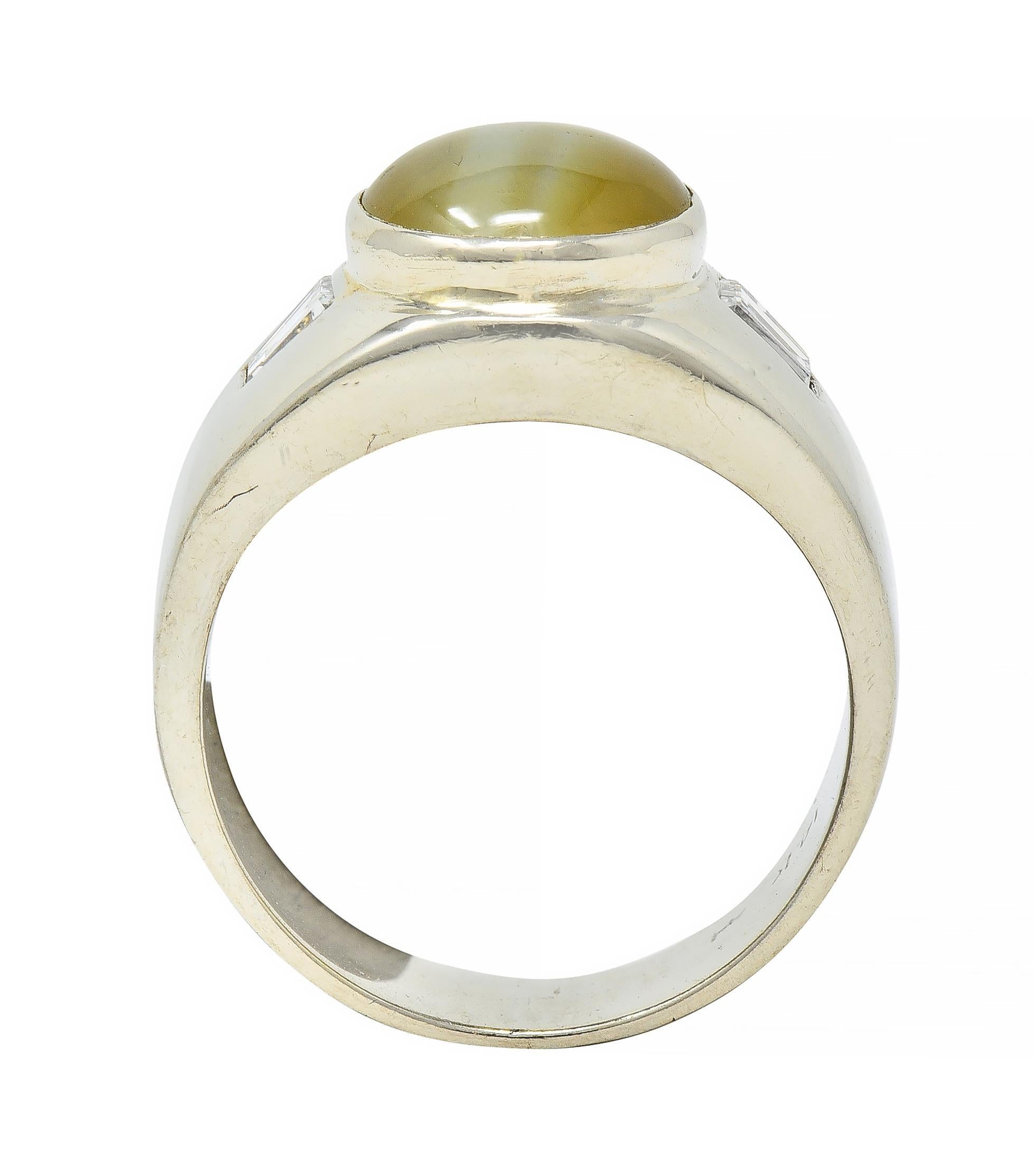 1960's Cat's Eye Chrysoberyl Diamond 14 Karat White Gold Three Stone Ring For Sale 5