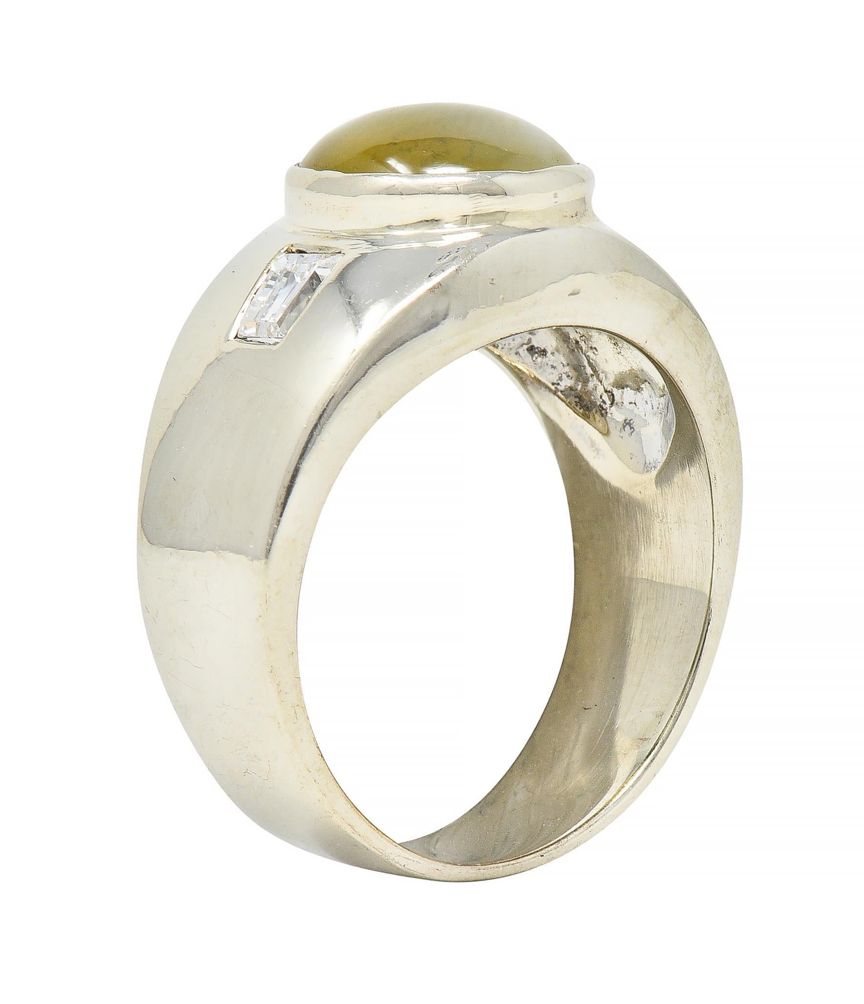 1960's Cat's Eye Chrysoberyl Diamond 14 Karat White Gold Three Stone Ring For Sale 6