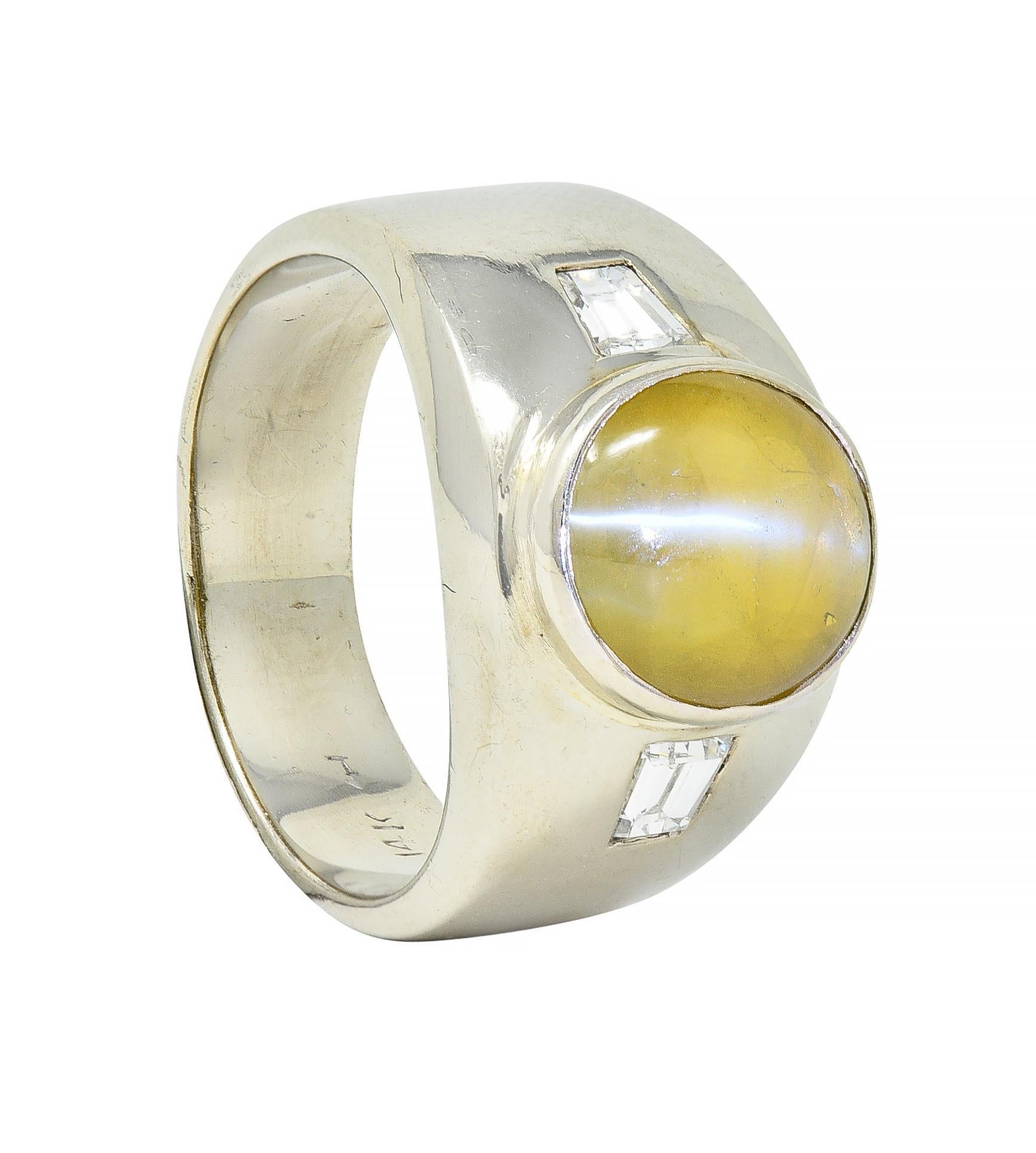 1960's Cat's Eye Chrysoberyl Diamond 14 Karat White Gold Three Stone Ring For Sale 7