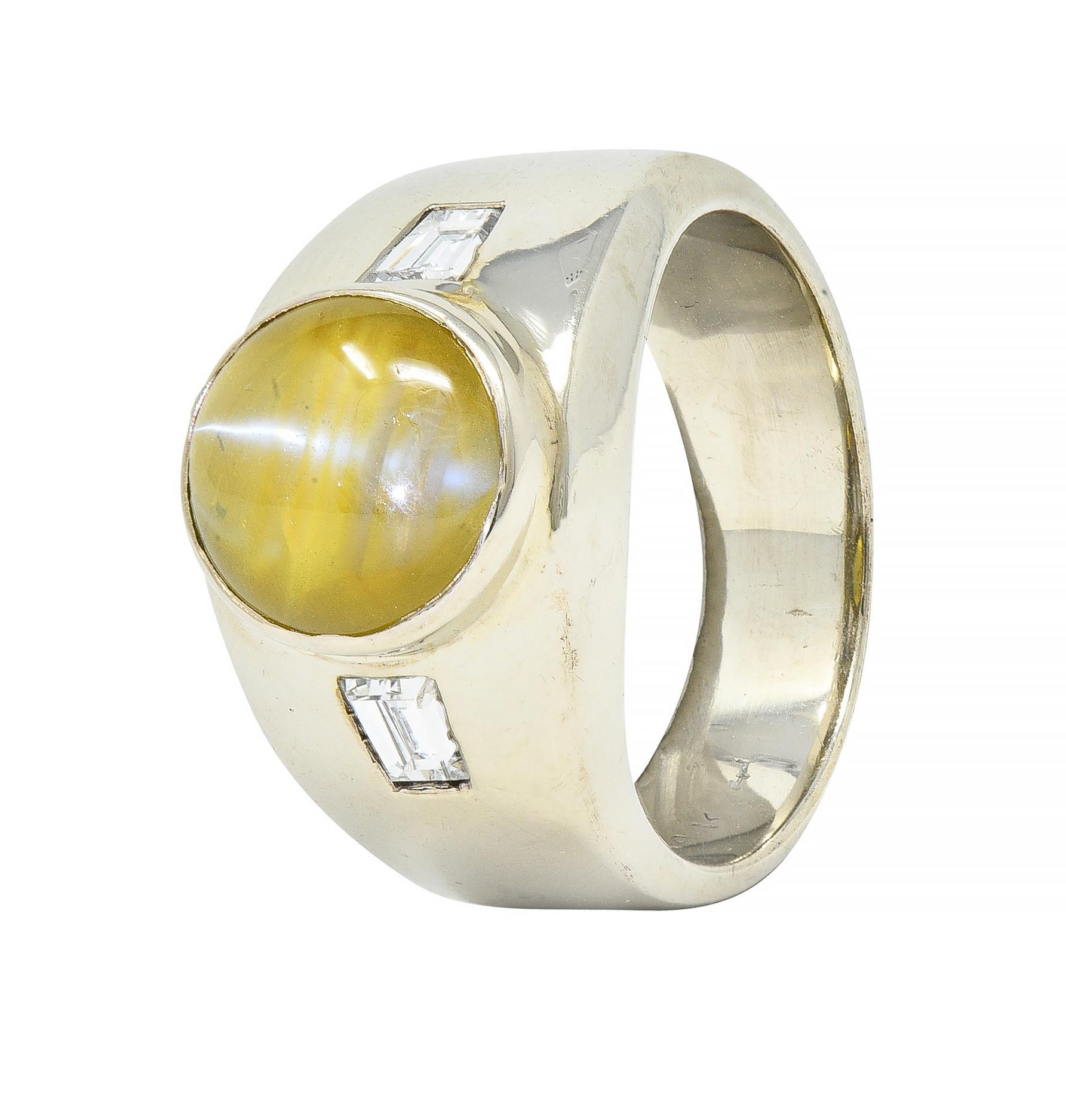 Cabochon 1960's Cat's Eye Chrysoberyl Diamond 14 Karat White Gold Three Stone Ring For Sale