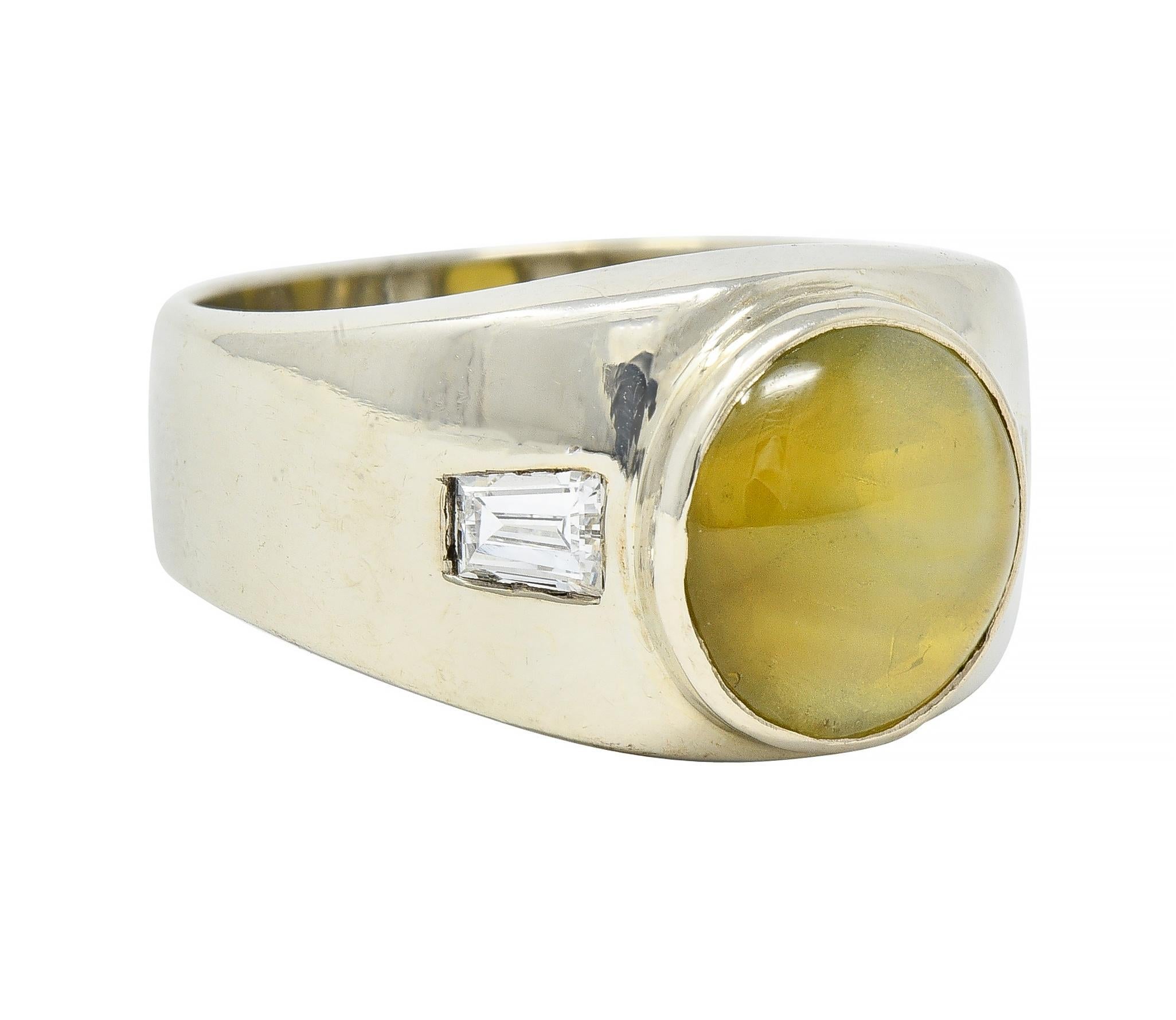 1960's Cat's Eye Chrysoberyl Diamond 14 Karat White Gold Three Stone Ring In Excellent Condition For Sale In Philadelphia, PA
