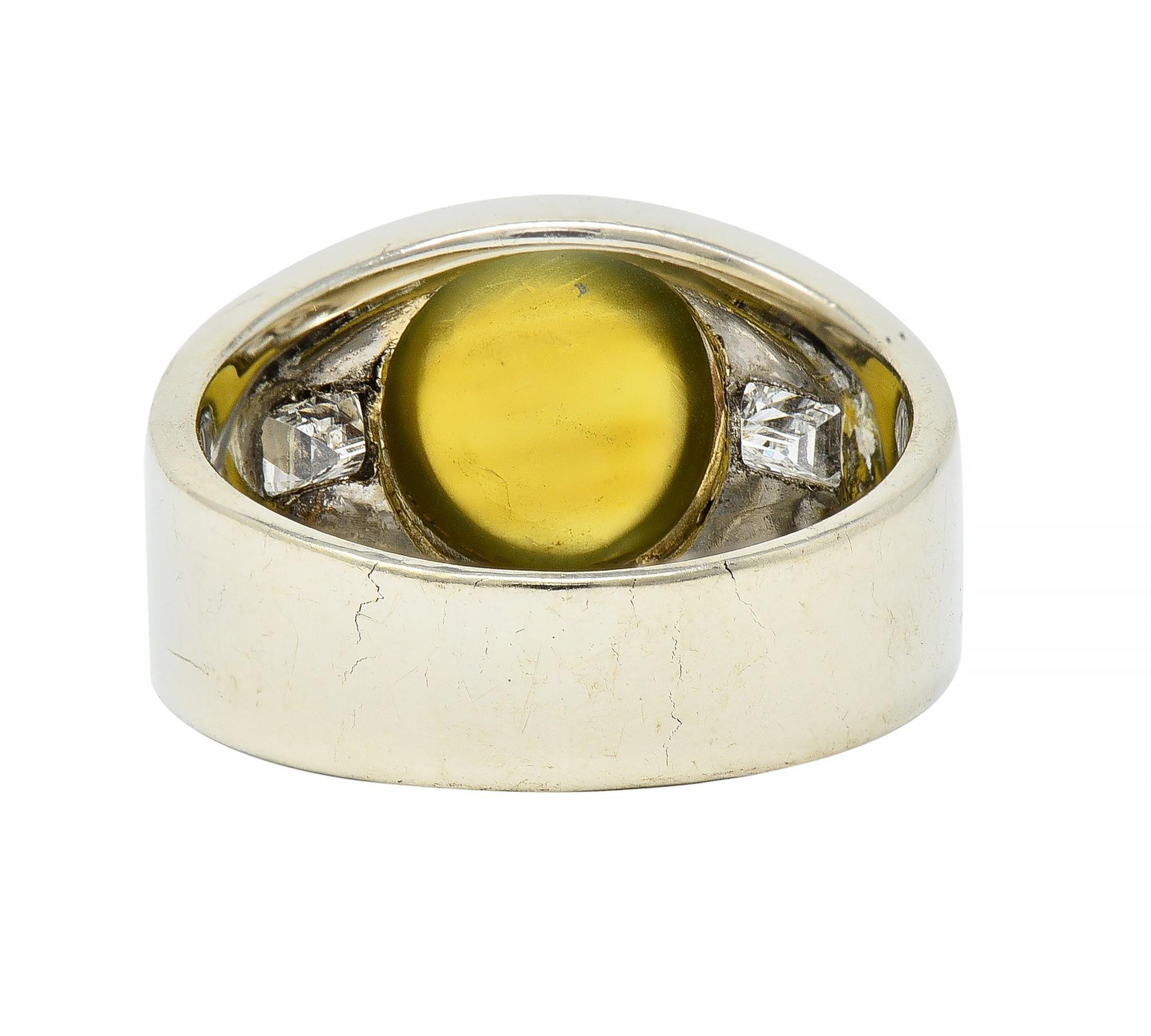 1960's Cat's Eye Chrysoberyl Diamond 14 Karat White Gold Three Stone Ring For Sale 1