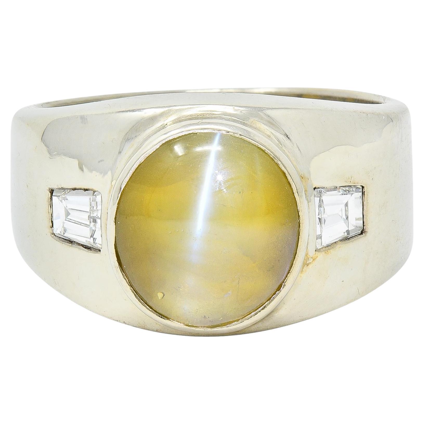 1960's Cat's Eye Chrysoberyl Diamond 14 Karat White Gold Three Stone Ring For Sale