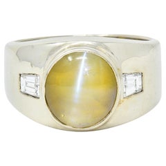 Vintage 1960's Cat's Eye Chrysoberyl Diamond 14 Karat White Gold Three Stone Ring
