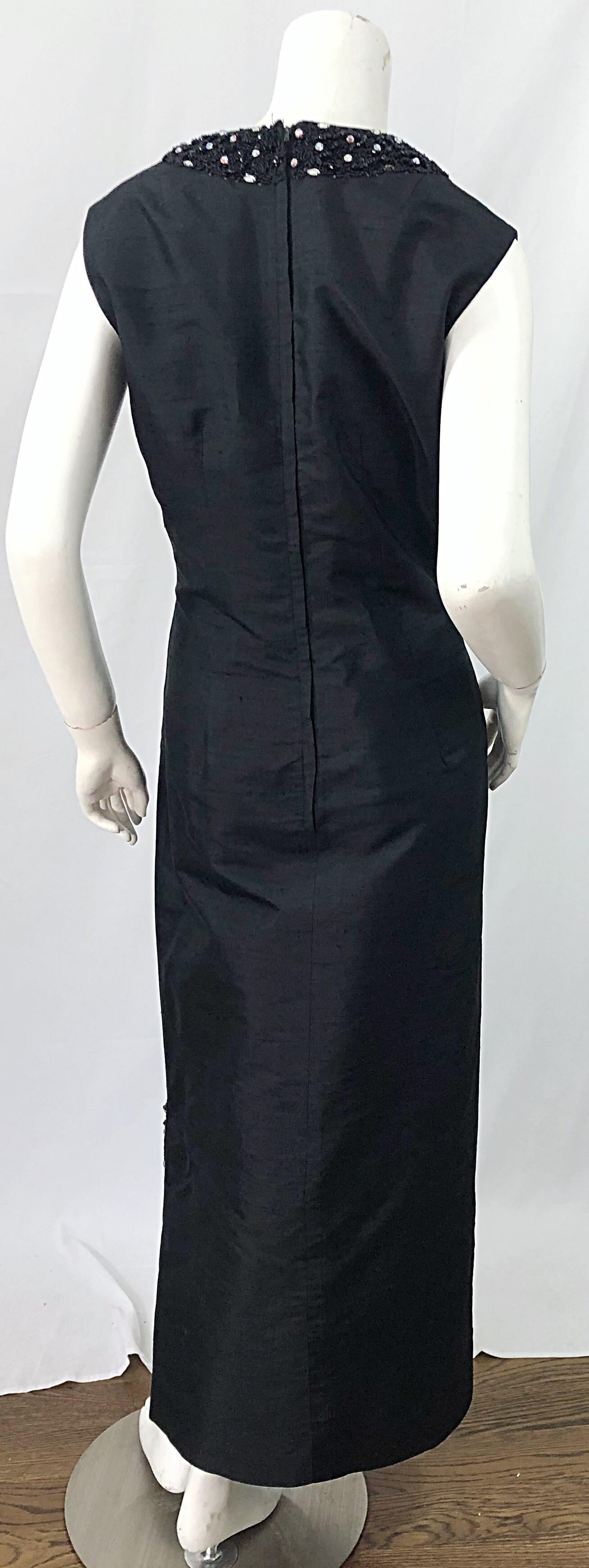 1960s Cavanagh's Couture Black Silk Shantung Rhinestone Beaded Vintage 60s Gown For Sale 3