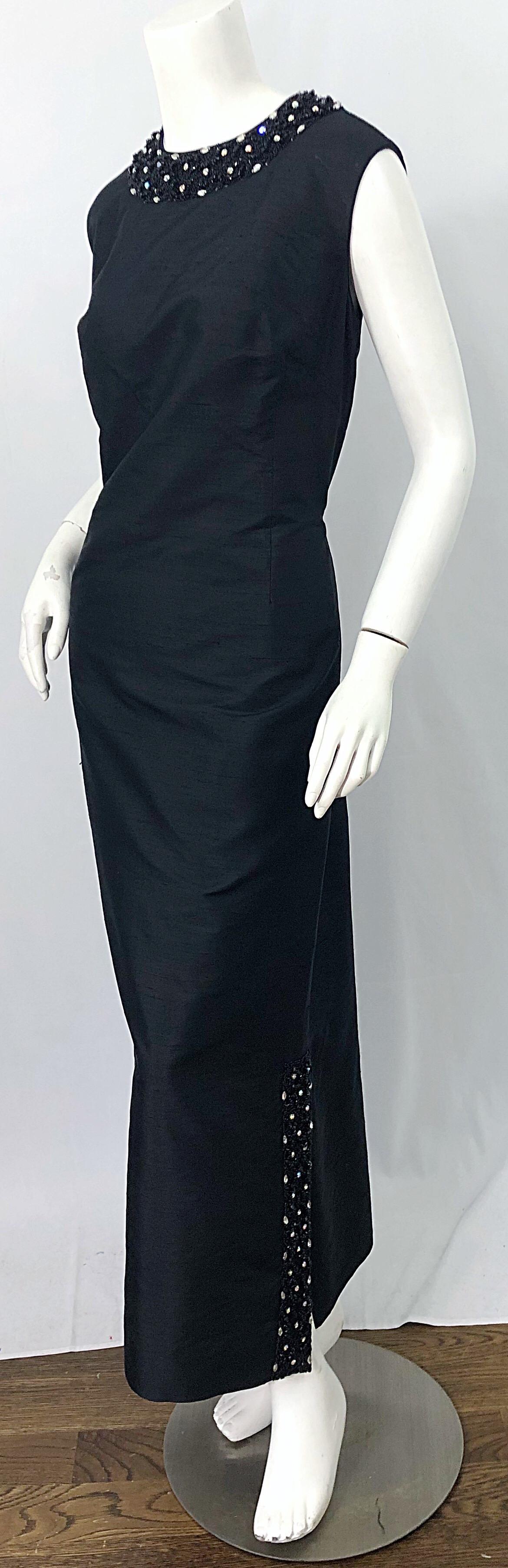 1960s Cavanagh's Couture Black Silk Shantung Rhinestone Beaded Vintage 60s Gown For Sale 4
