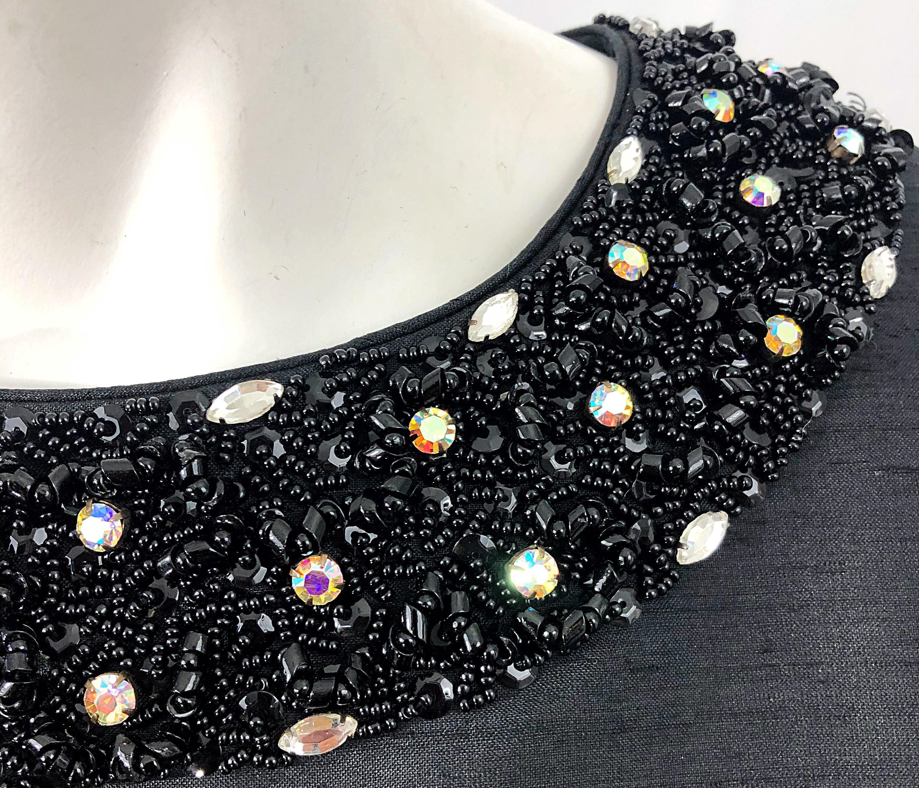 1960s Cavanagh's Couture Black Silk Shantung Rhinestone Beaded Vintage 60s Gown For Sale 5