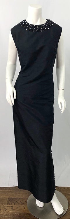 1960s Cavanagh's Couture Black Silk Shantung Rhinestone Beaded Vintage 60s Gown