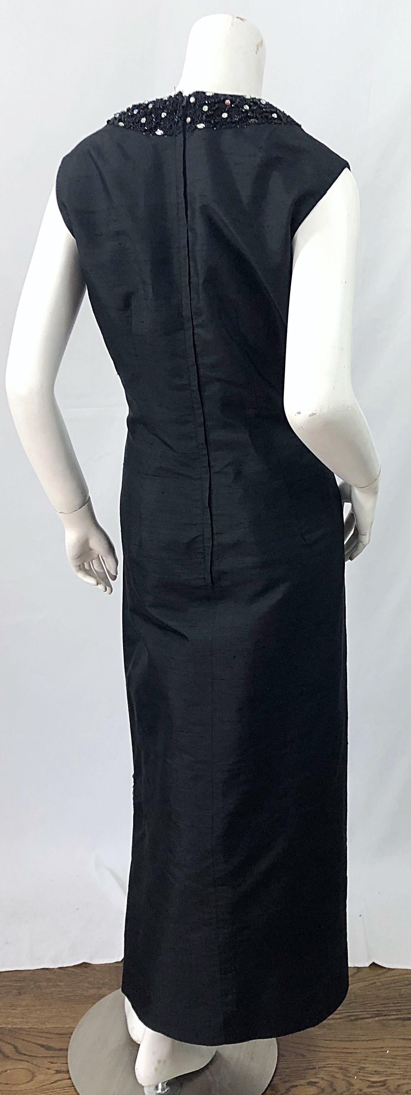 Women's 1960s Cavanagh's Couture Black Silk Shantung Rhinestone Beaded Vintage 60s Gown For Sale