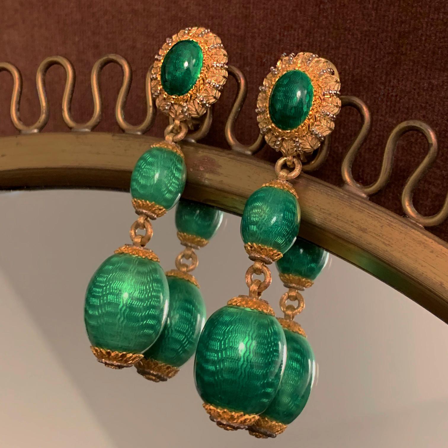 guilloche enamel emerald earrings