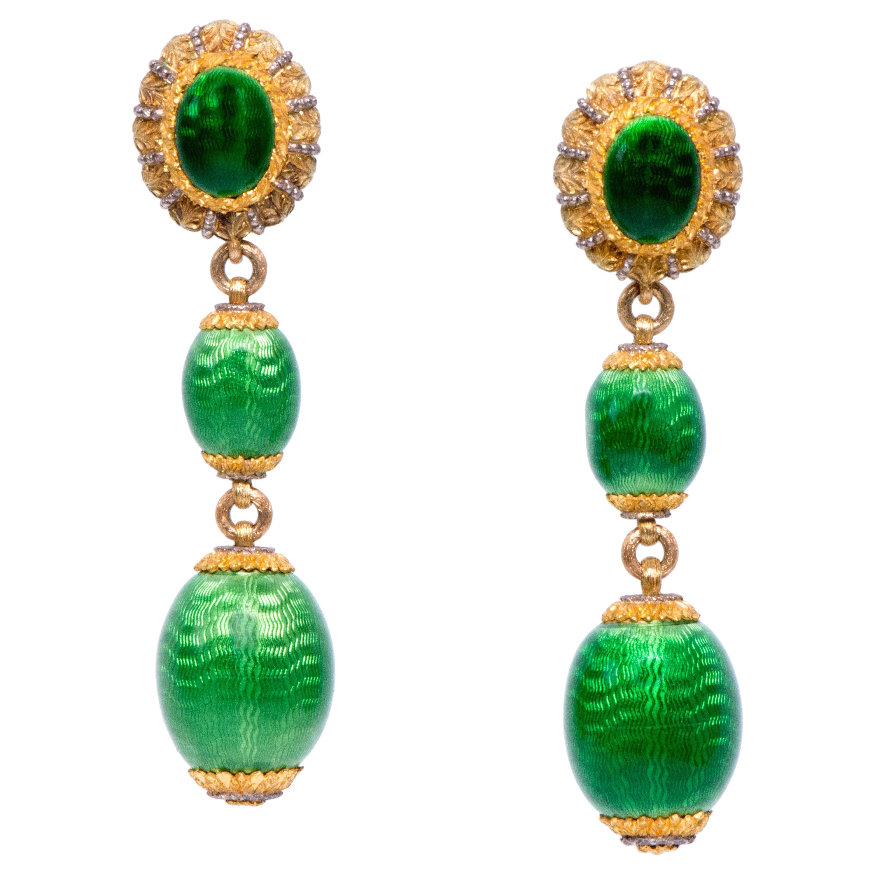 Cazzaniga Gold and Green Guilloché Enamel Drop Earrings 1960s For Sale