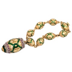 1960s Cazzaniga Green Enamel, Ruby Diamond Gold Charm Bracelet