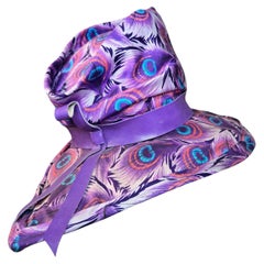 1960s Cecile Wild Peacock Feather Print Silk Teardrop Brim Hat w Slouchy Crown