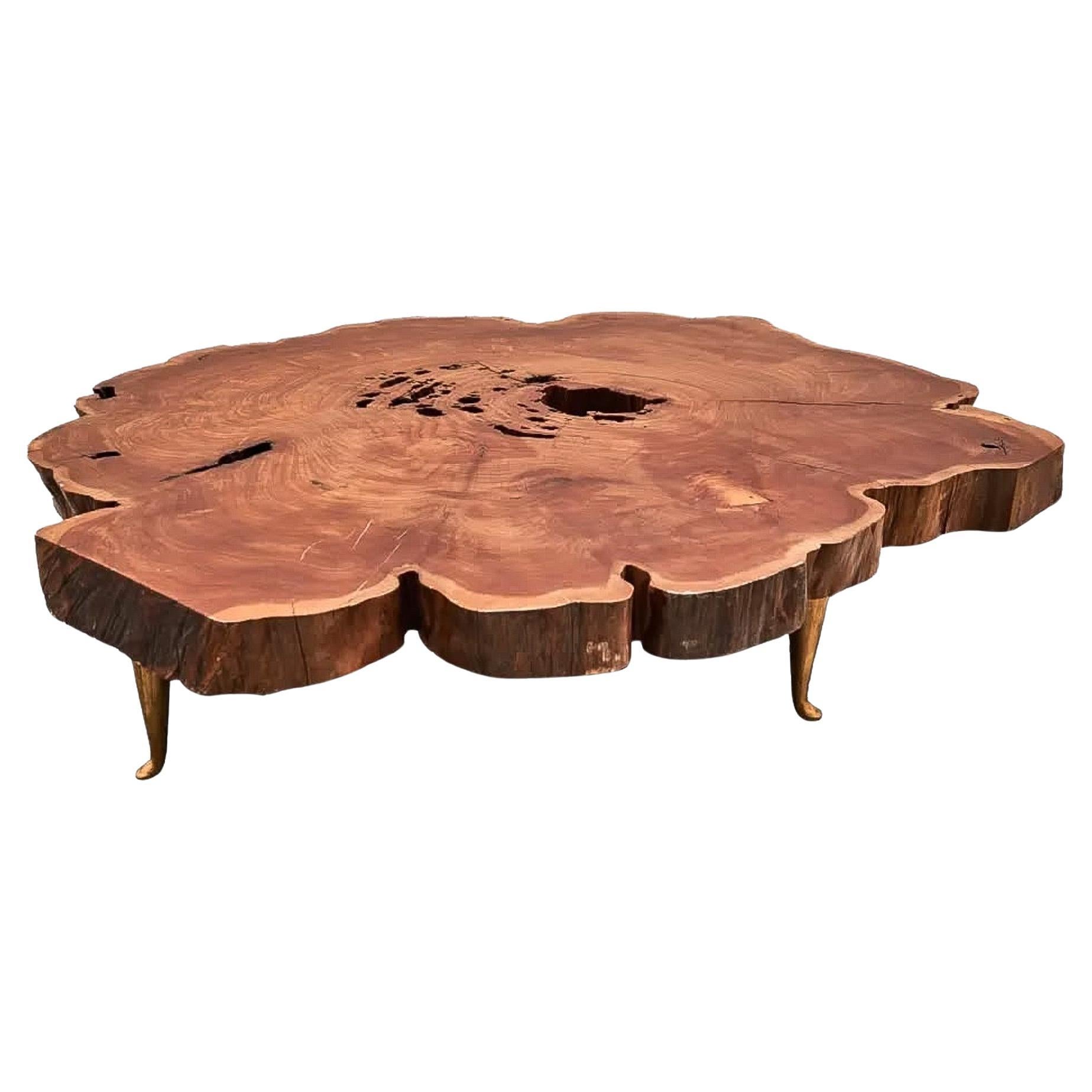 1960s Cedar Wood Coffee Table with Brass Feet