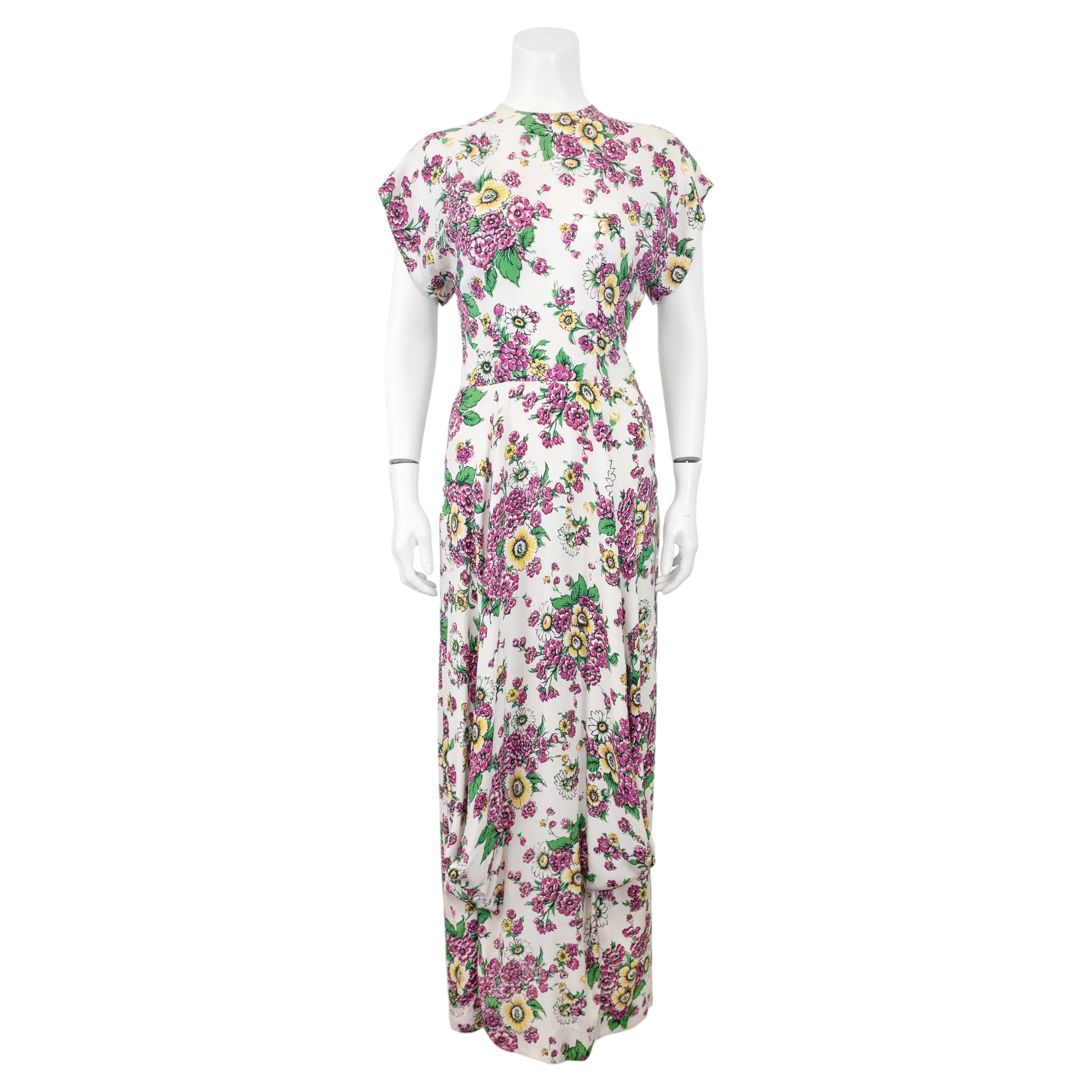 1960's Ceil Chapman Floral Print Crepe Maxi Dress