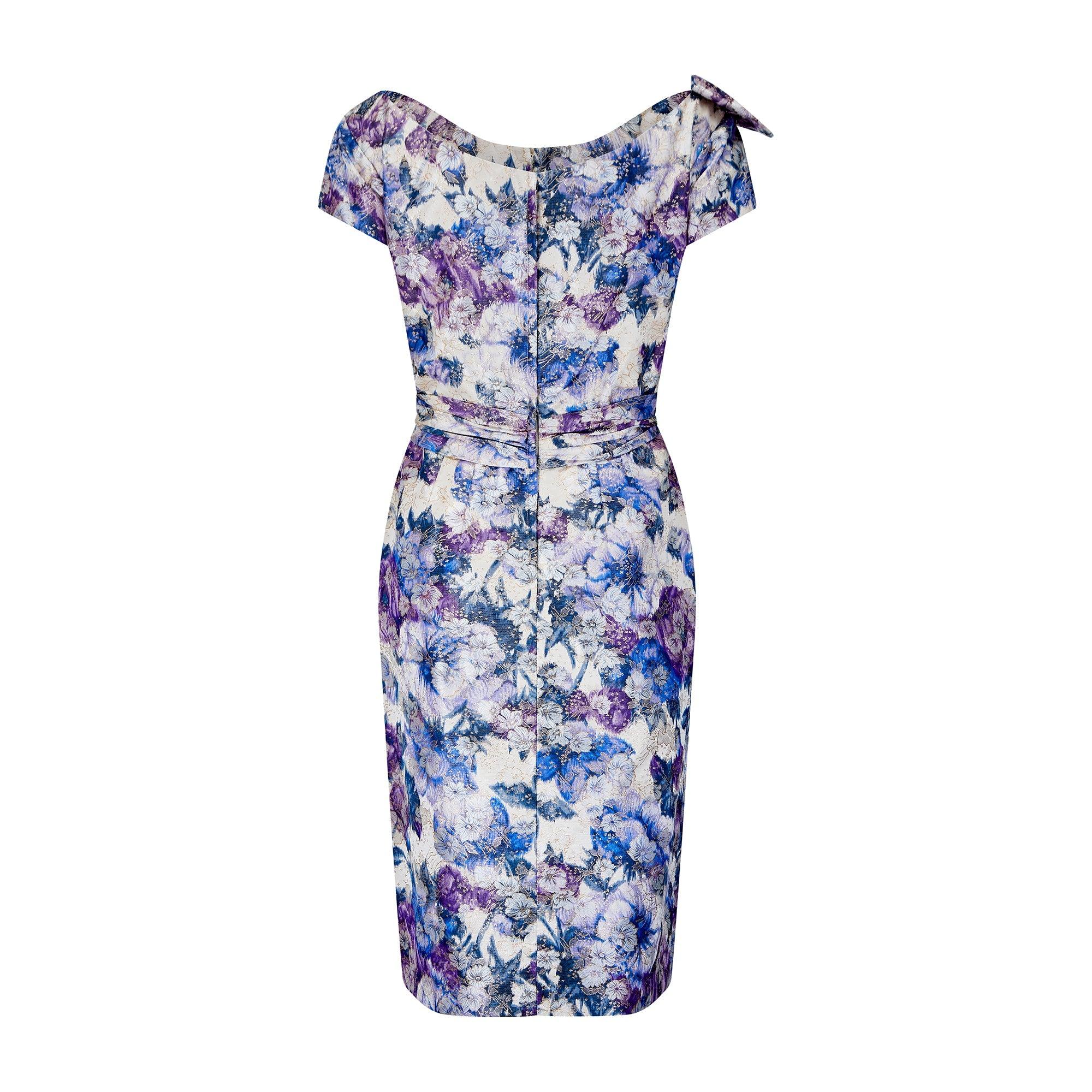 Vestido de seda floral lila y morado Ceil Chapman, años 60 Gris en venta