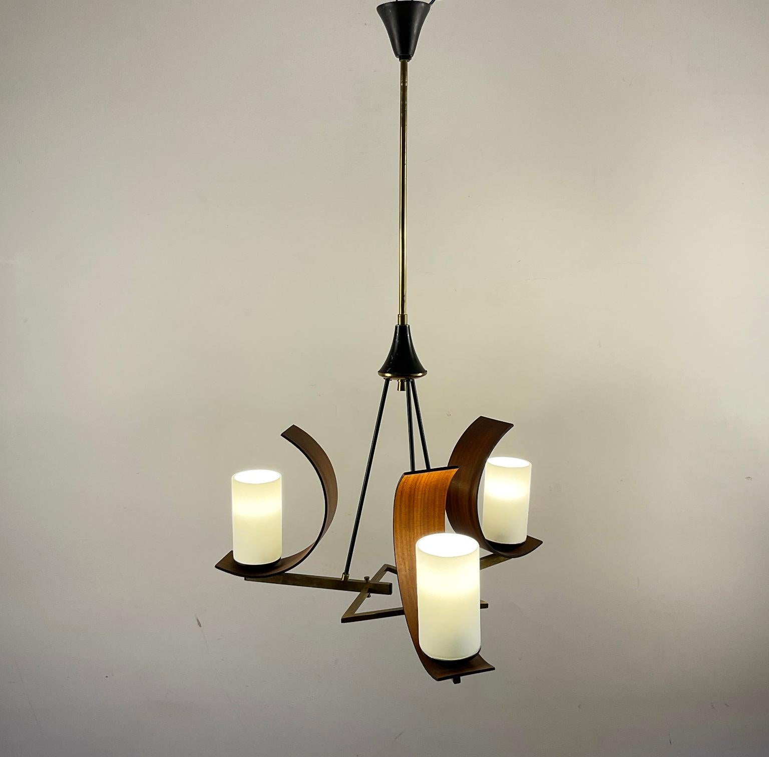 Brass 1960s Italian Ceiling Lamp Attributed to Stilnovo with 3 Opaline lampshades