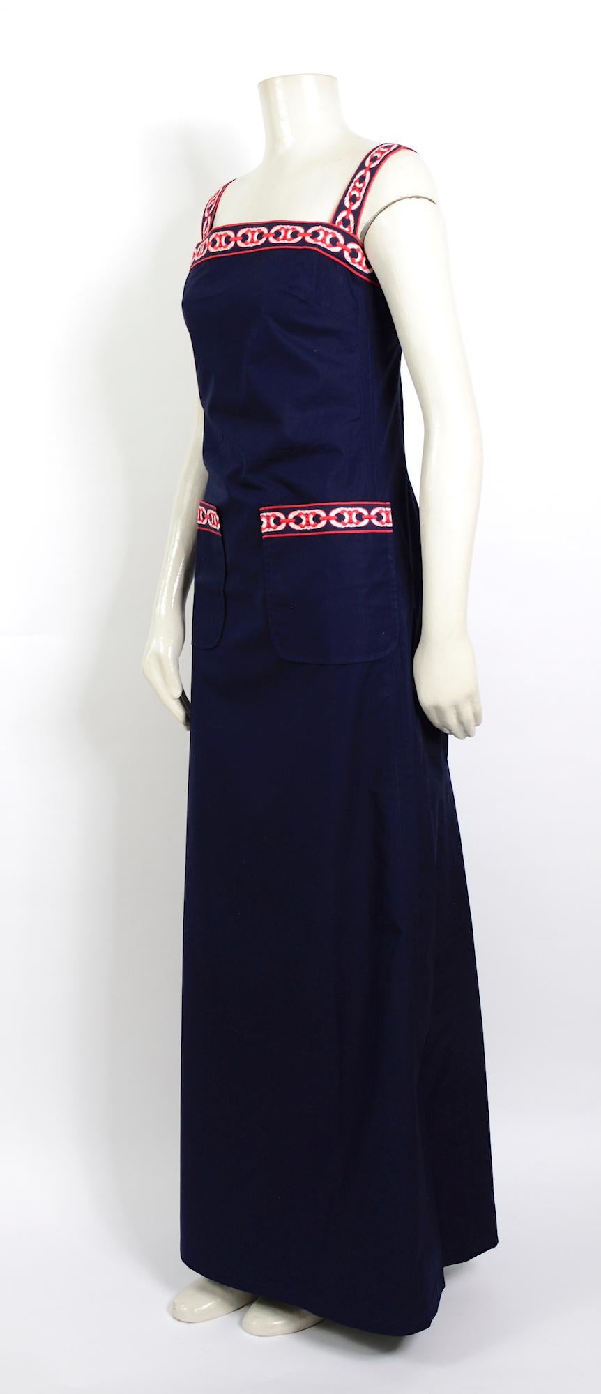 Unique rare find.
Collector's item!!!
1960s vintage Celine A-line silhouette long bleu cotton sleeveless dress, red and white logo trim at straps and front pockets for signature style.
Please go by the measurements for the perfect fit.
Ua to Ua