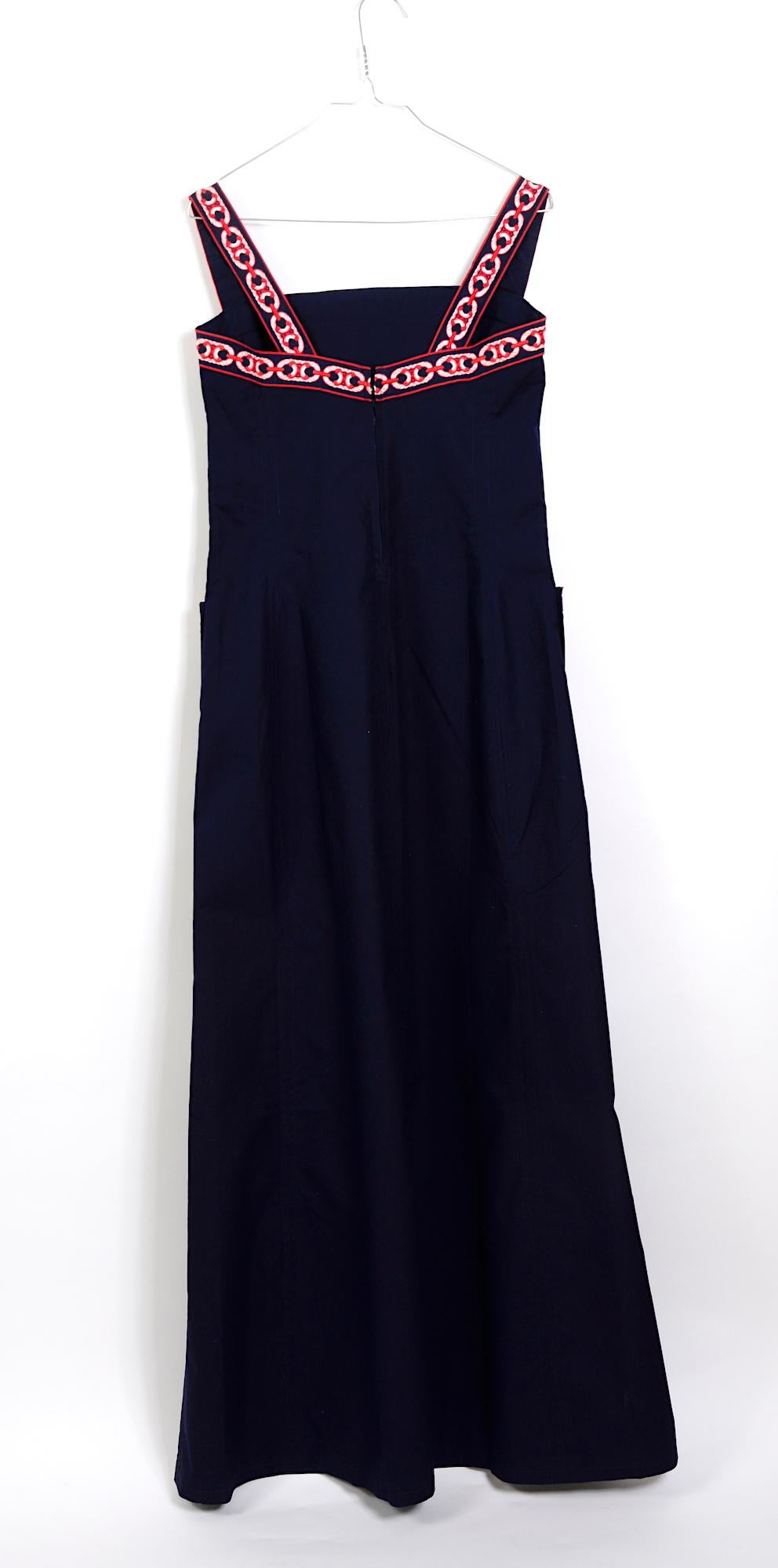 Black Celine collectible vintage 1960s bleu cotton logo trimmed shoulder maxi dress For Sale