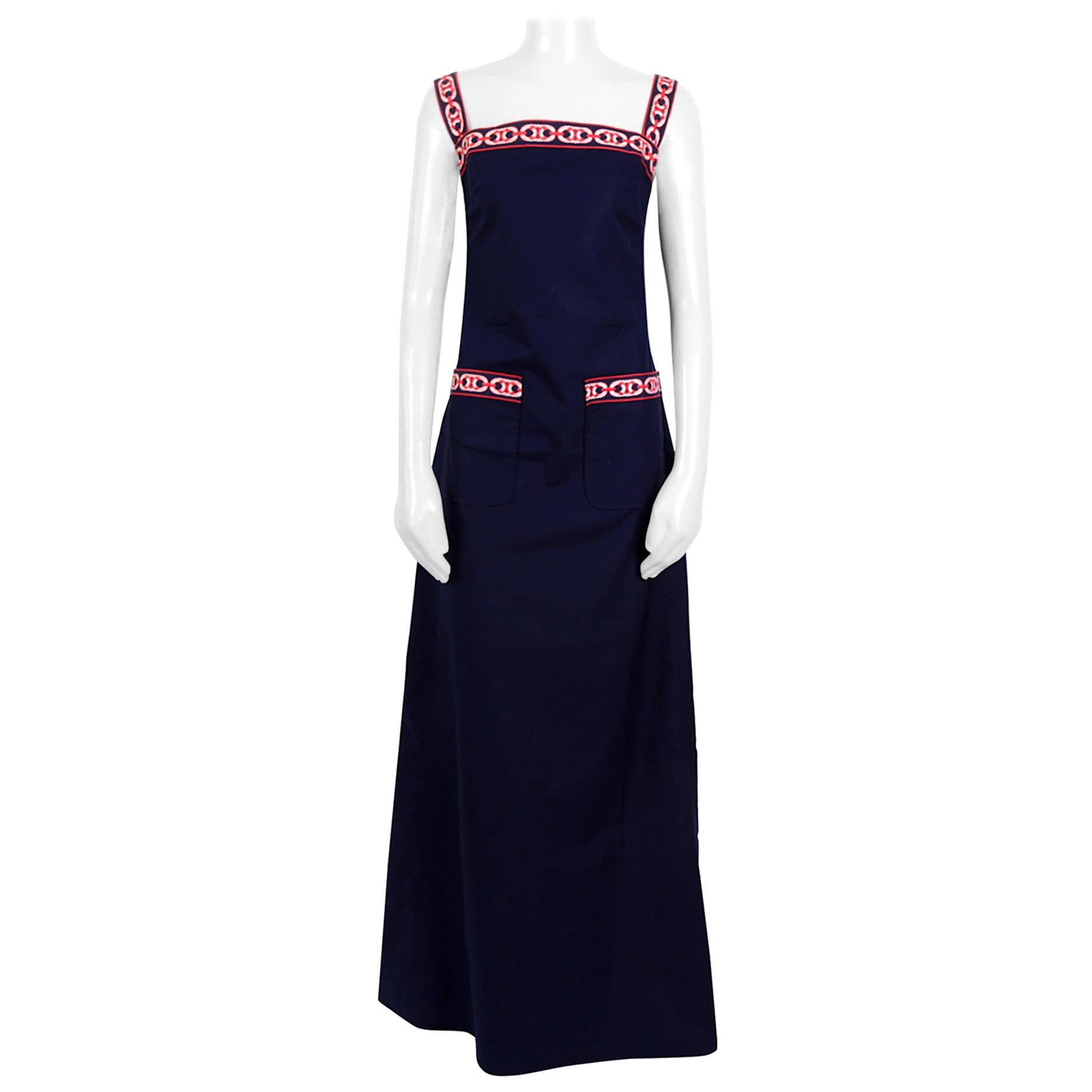 Celine collectible vintage 1960s bleu cotton logo trimmed shoulder maxi dress For Sale