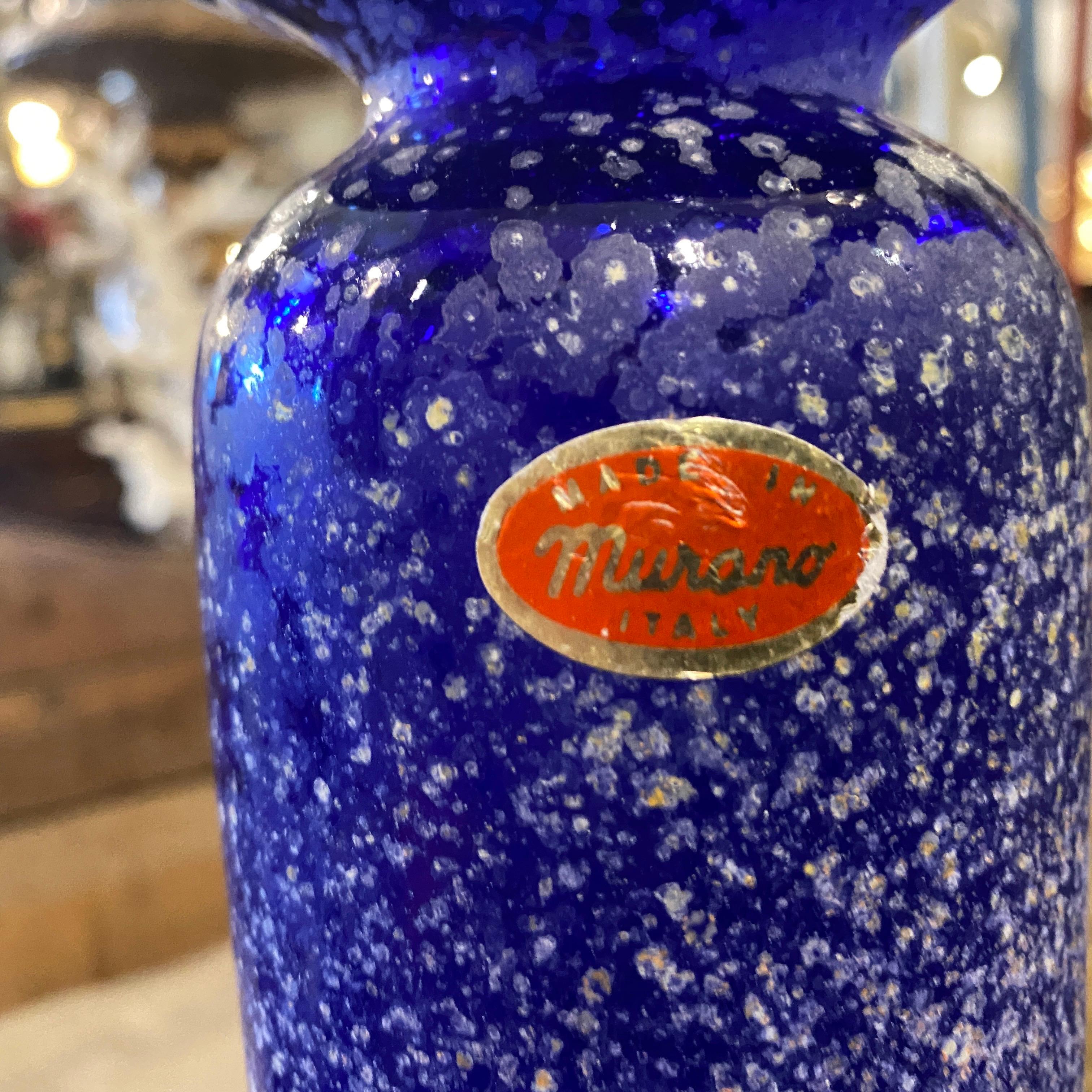 Italian 1960s Cenedese Attributed Mid-Century Modern Blue Scavo Murano Glass Vase