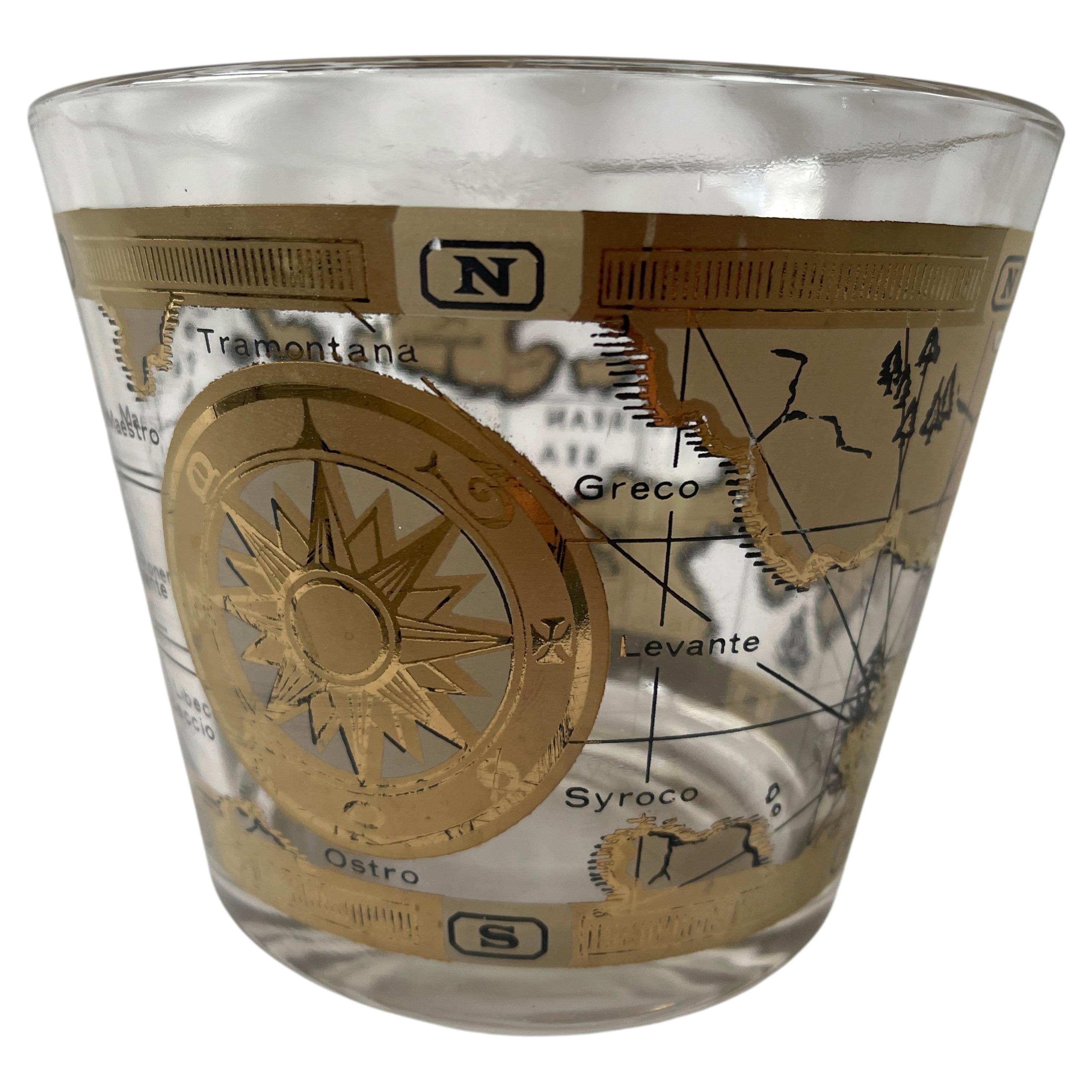 Cera Glass Ice Bucket with 22K Gold Decorated Old World Map Design, USA 1960s For Sale