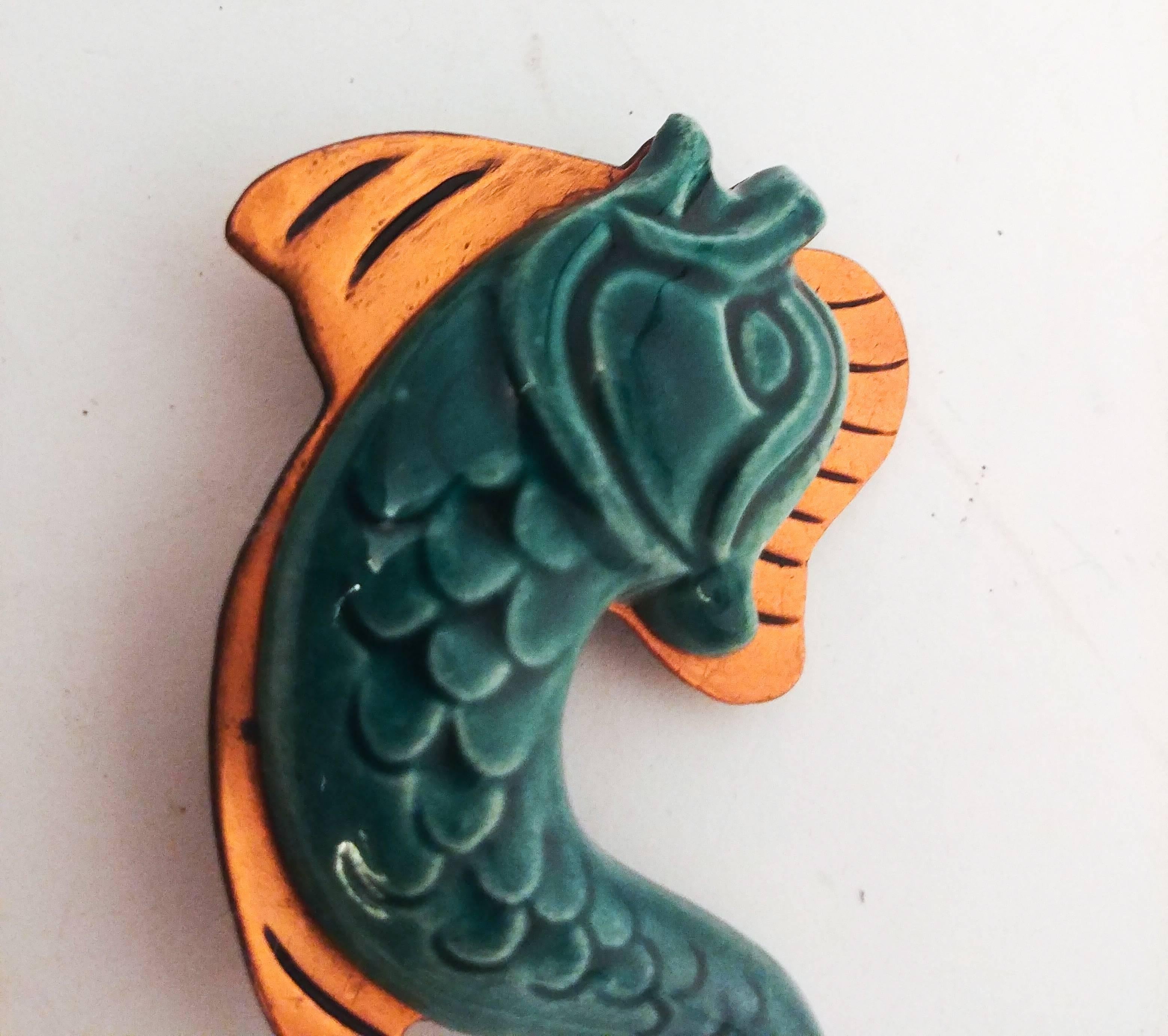 1960s Ceramic & Copper Fish Brooch. Flat copper base with raised three dimensional glazed ceramic details. 