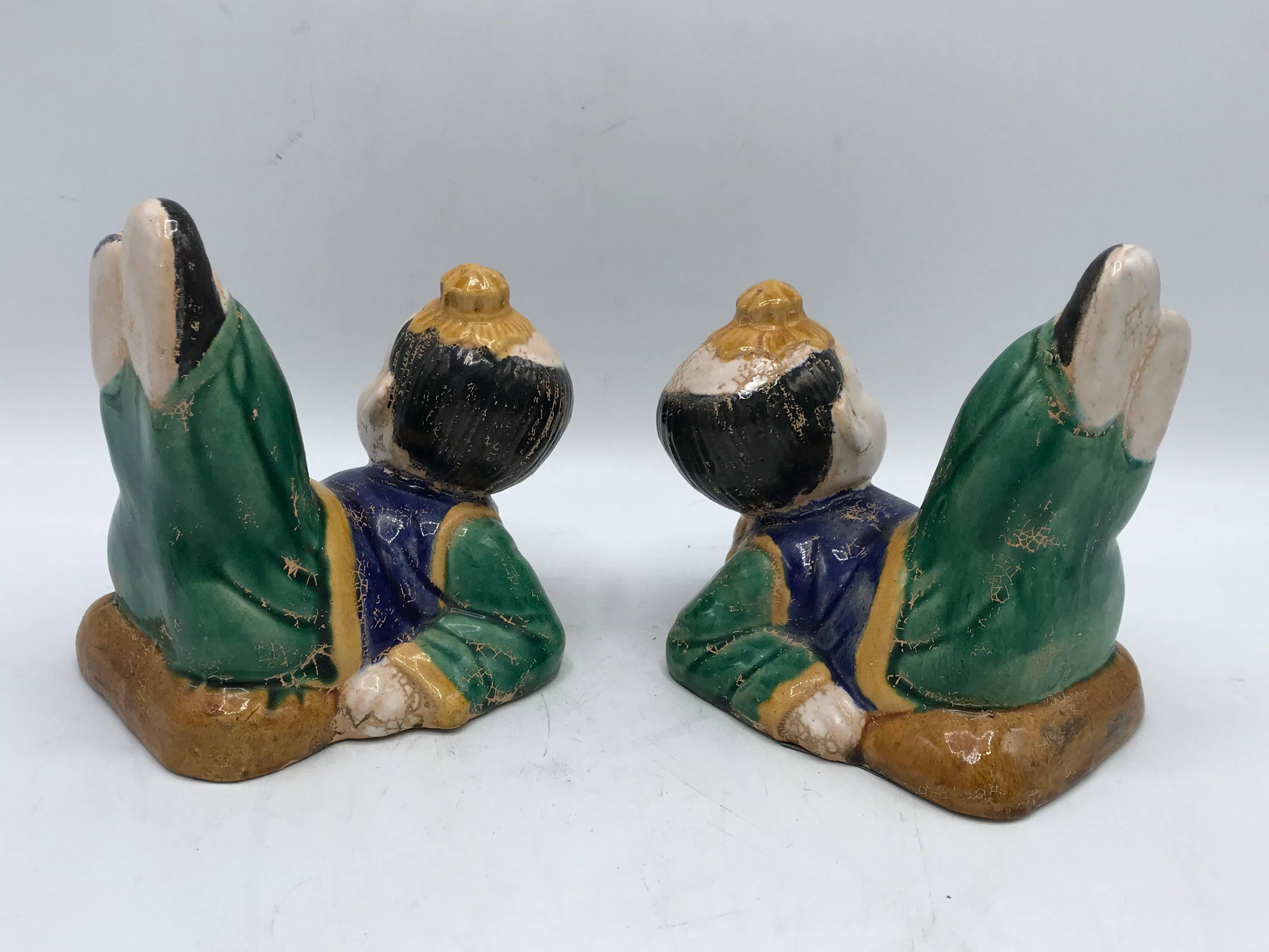 1960s Ceramic Chinoiserie Asian Child Sculptural Bookends, Pair In Good Condition In Richmond, VA