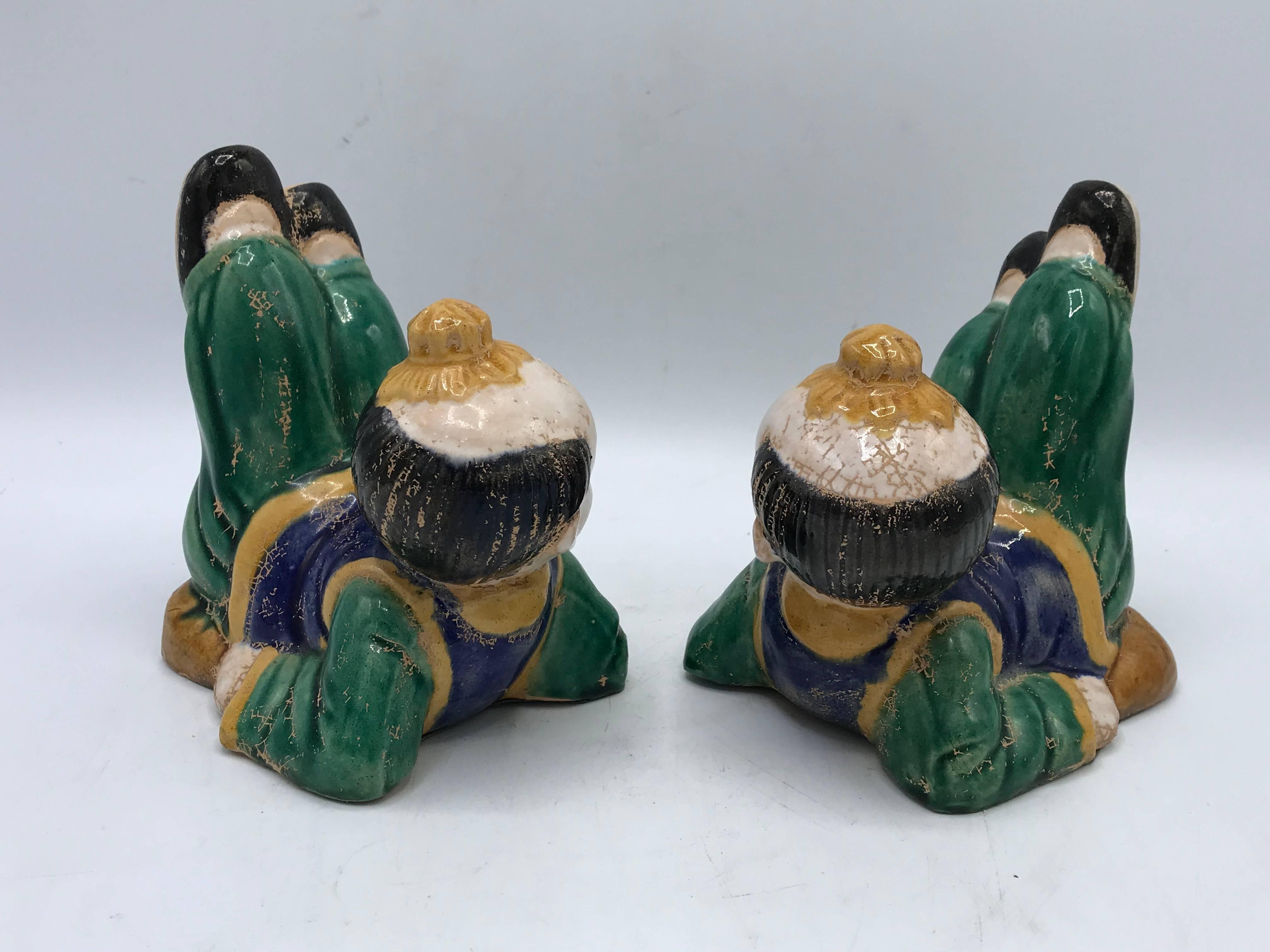 20th Century 1960s Ceramic Chinoiserie Asian Child Sculptural Bookends, Pair