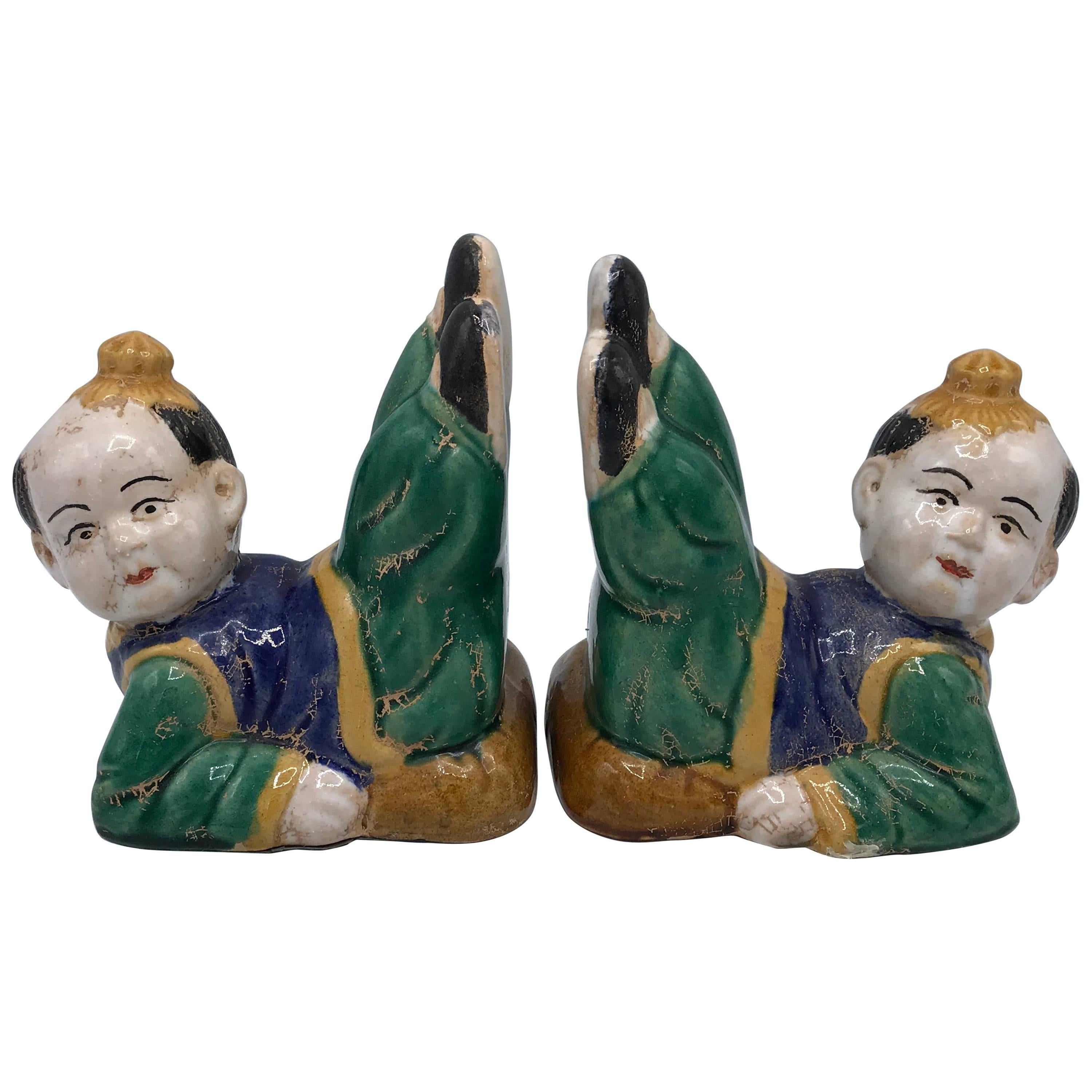 1960s Ceramic Chinoiserie Asian Child Sculptural Bookends, Pair