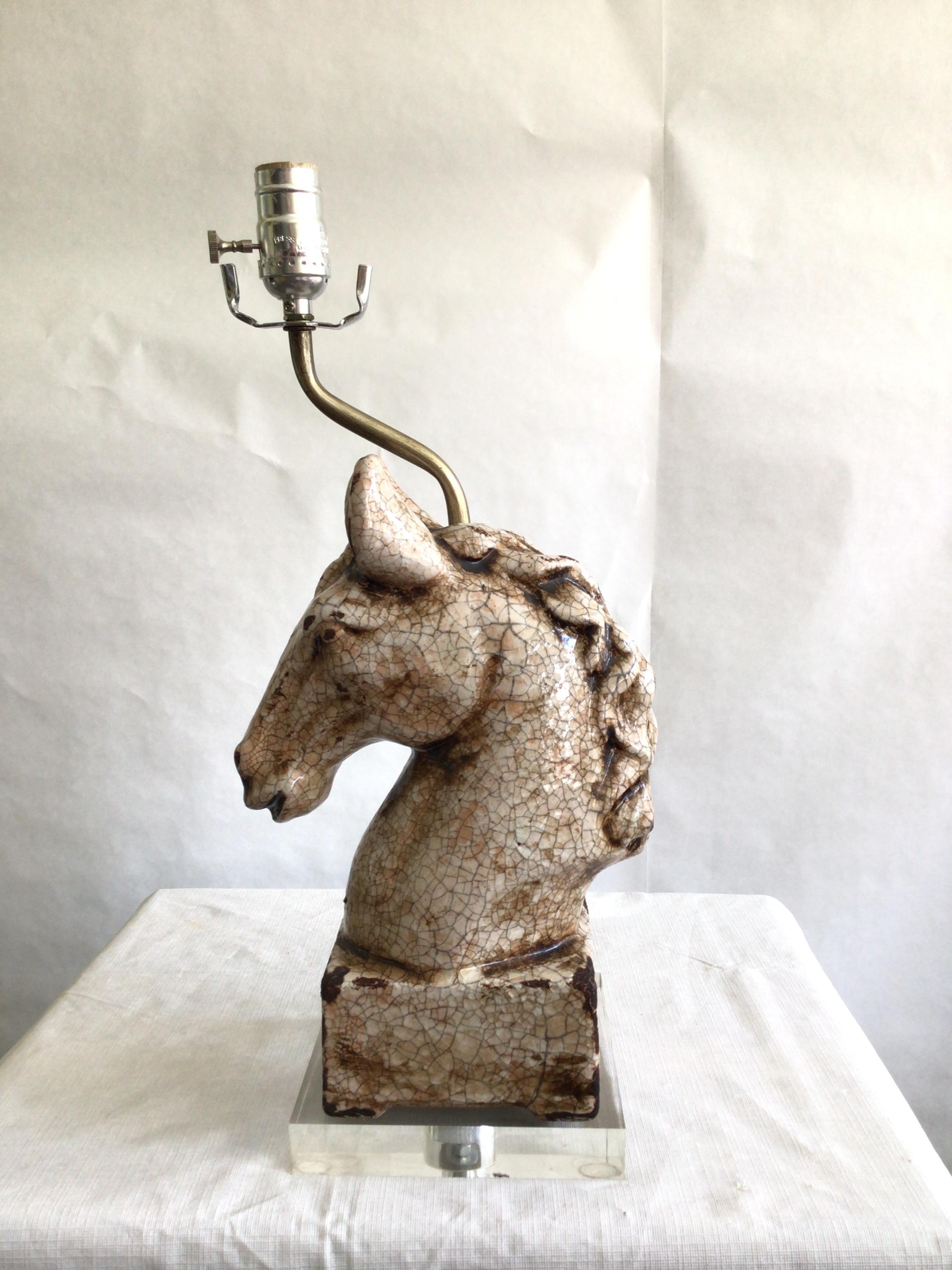 1960s Ceramic Crackle Glazed Horse Lamp On Lucite Base
A beautiful equestrian accent elevated by a lucite base
Height given is to top of socket
Needs Rewiring