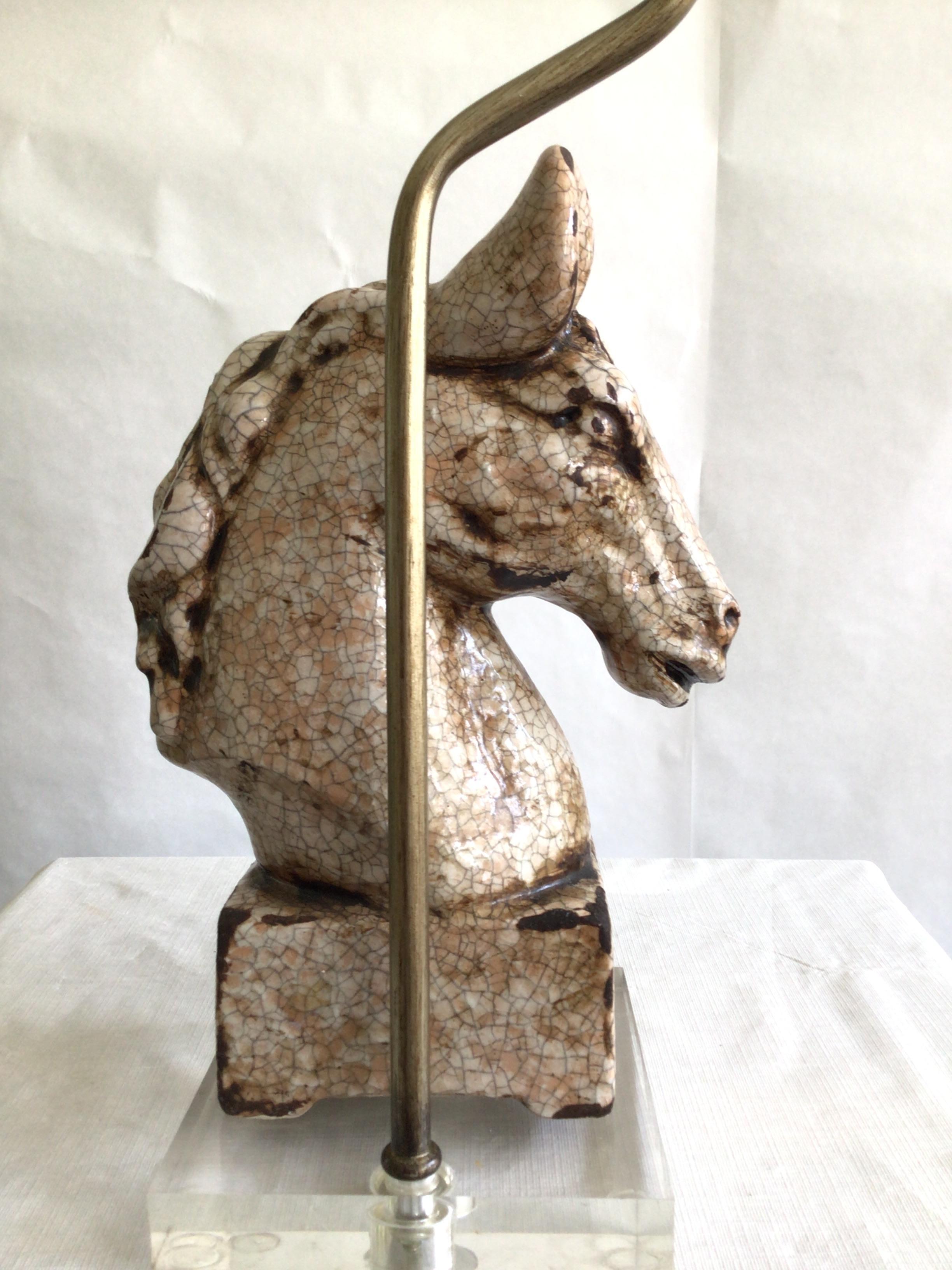 Mid-20th Century 1960s Ceramic Crackle Glazed Horse Lamp On Lucite Base For Sale