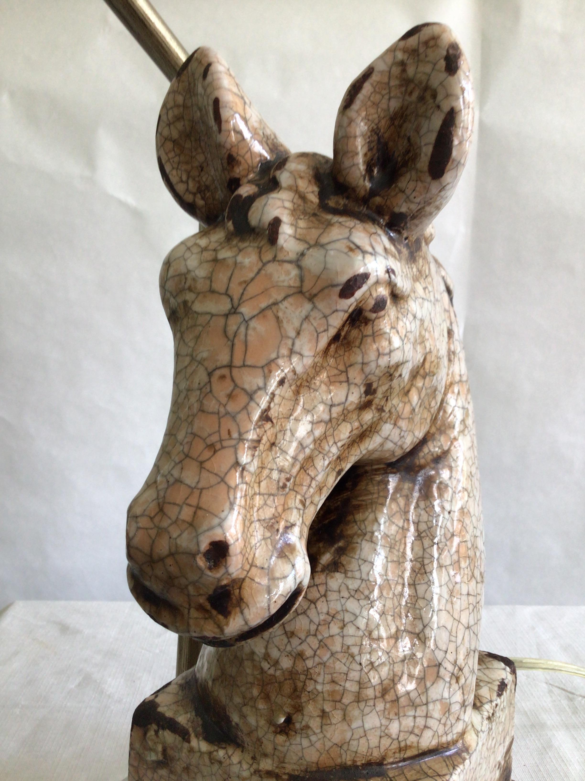 1960s Ceramic Crackle Glazed Horse Lamp On Lucite Base For Sale 1