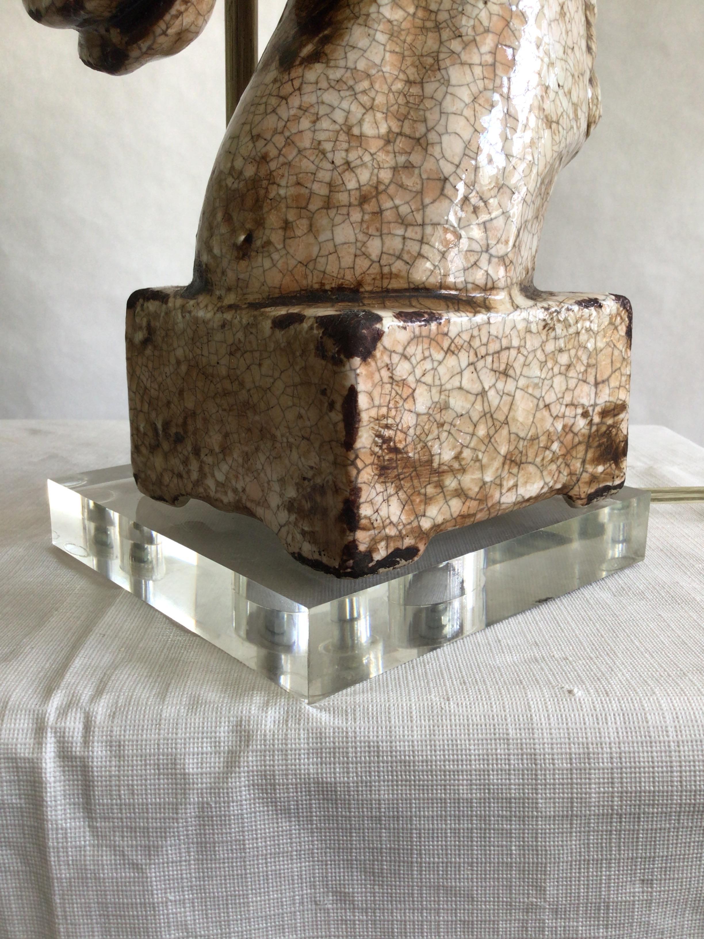 1960s Ceramic Crackle Glazed Horse Lamp On Lucite Base For Sale 3