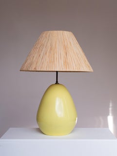 1960s Ceramic Lamp - Yellow Glaze & Pear Oval Shape - Raffia Shade, France