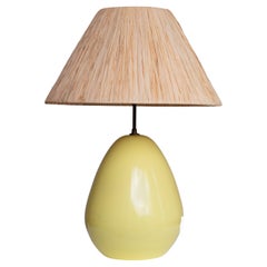 1960s Ceramic Lamp - Yellow Glaze & Pear Oval Shape - Raffia Shade, France